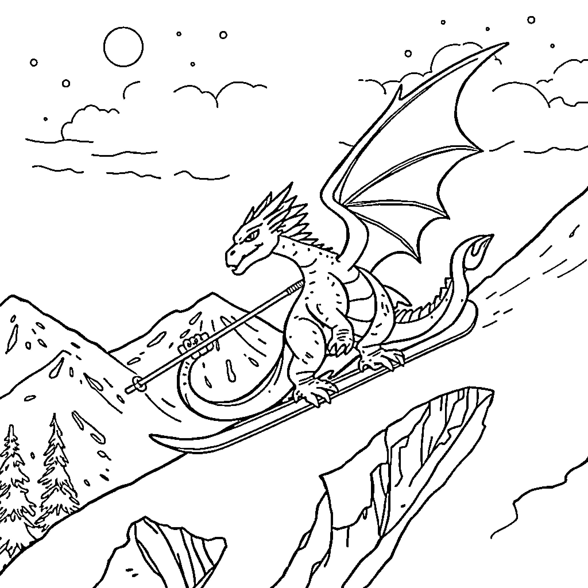 Dragon soaring through the wintery sky Coloring Page (free black-and-white line drawing printable PDF for all, from beginners to advanced learners, including children, teens, adults, and seniors)
