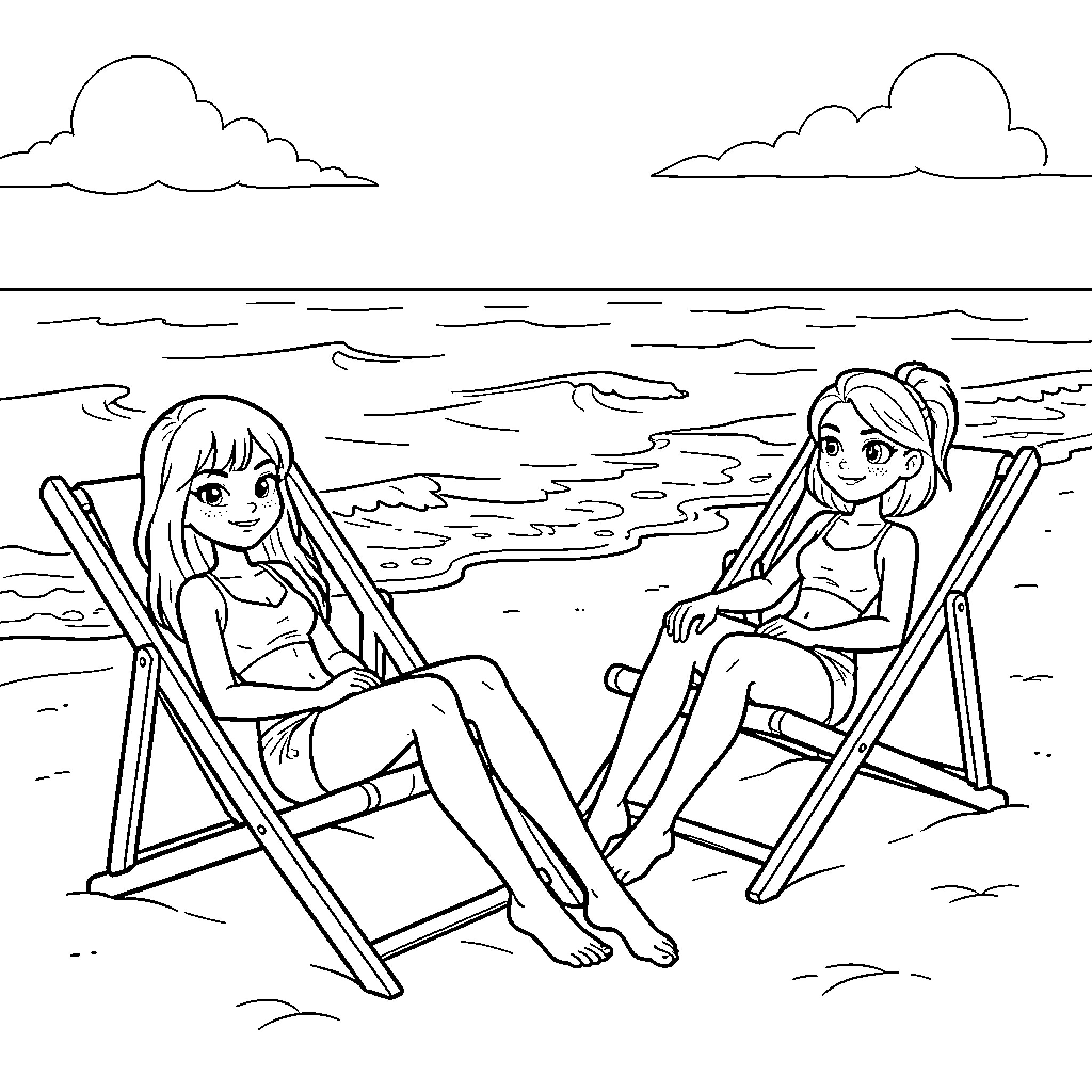 Characters relaxing on deck chairs at the beach Coloring Page (free black-and-white line drawing printable PDF for all, from beginners to advanced learners, including children, teens, adults, and seniors)