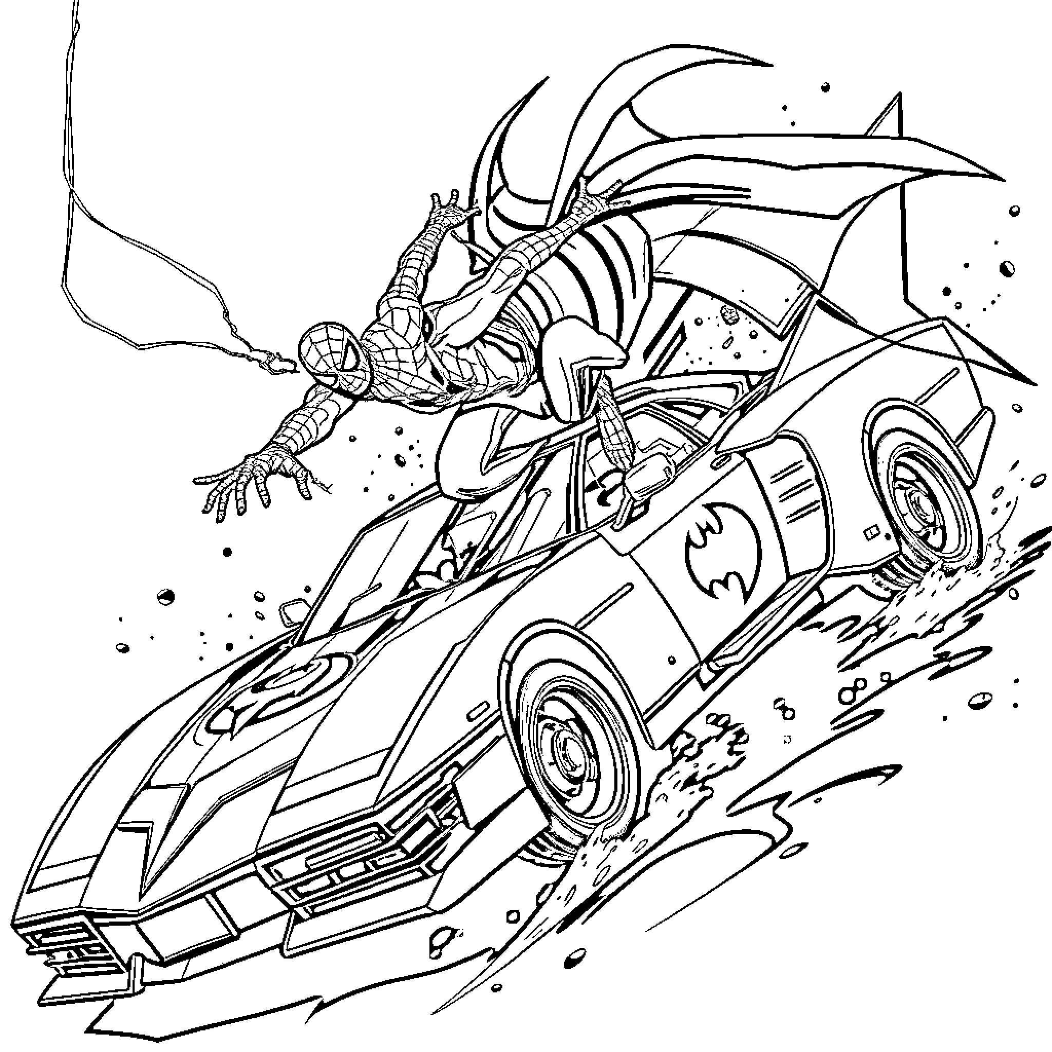 Spiderman's futuristic vehicle chase with a menacing alien creature Coloring Page (free black-and-white line drawing printable PDF for all, from beginners to advanced learners, including children, teens, adults, and seniors)