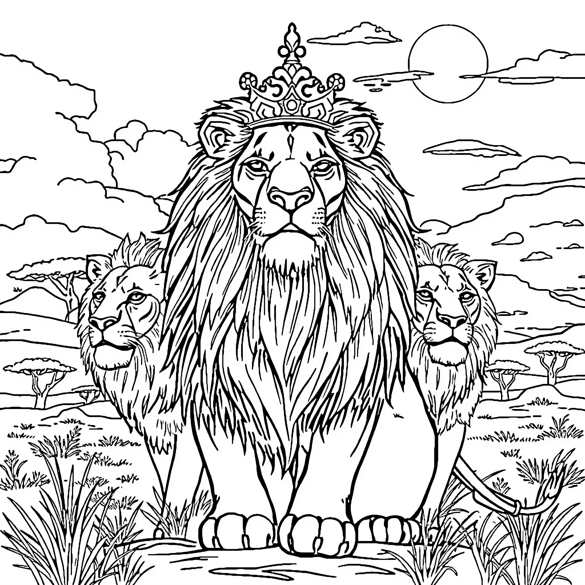 Lion King and his Pride in Serene Landscape Coloring Page (free black-and-white line drawing printable PDF for all, from beginners to advanced learners, including children, teens, adults, and seniors)