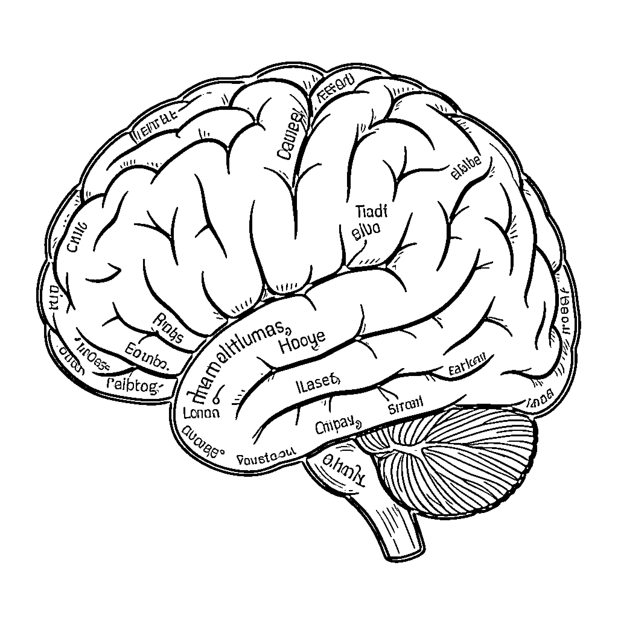 Human Brain Functions and Structures Coloring Page (free black-and-white line drawing printable PDF for all, from beginners to advanced learners, including children, teens, adults, and seniors)