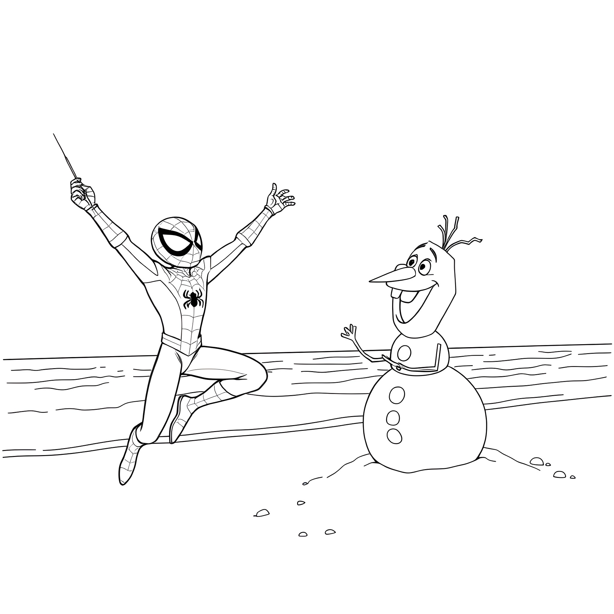 Spidey jumps with joy near a snowman Coloring Page (free black-and-white line drawing printable PDF for all, from beginners to advanced learners, including children, teens, adults, and seniors)