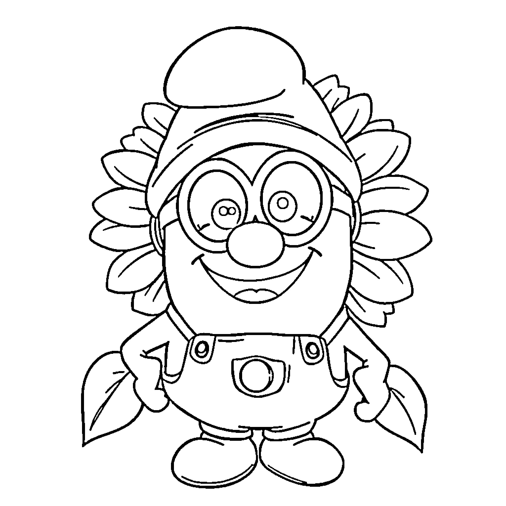 Sunflower-themed cartoon character with a happy expression Coloring Page (free black-and-white line drawing printable PDF for all, from beginners to advanced learners, including children, teens, adults, and seniors)