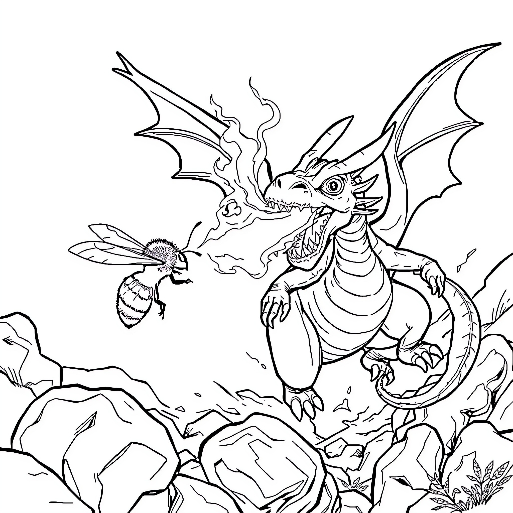 Bumblebee confronting a fierce dragon in nature Coloring Page (free black-and-white line drawing printable PDF for all, from beginners to advanced learners, including children, teens, adults, and seniors)