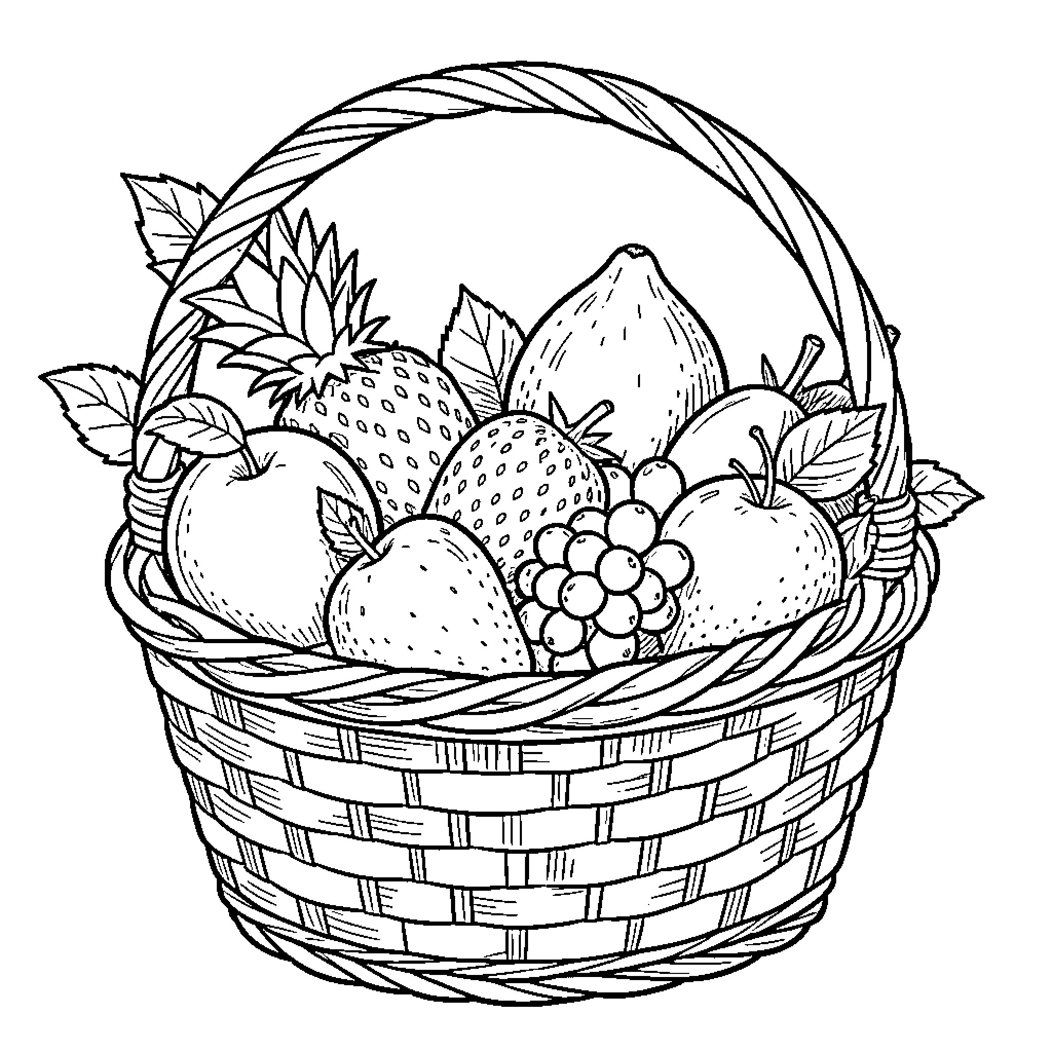 Fruit assortment resting inside a woven basket Coloring Page (free black-and-white line drawing printable PDF for all, from beginners to advanced learners, including children, teens, adults, and seniors)