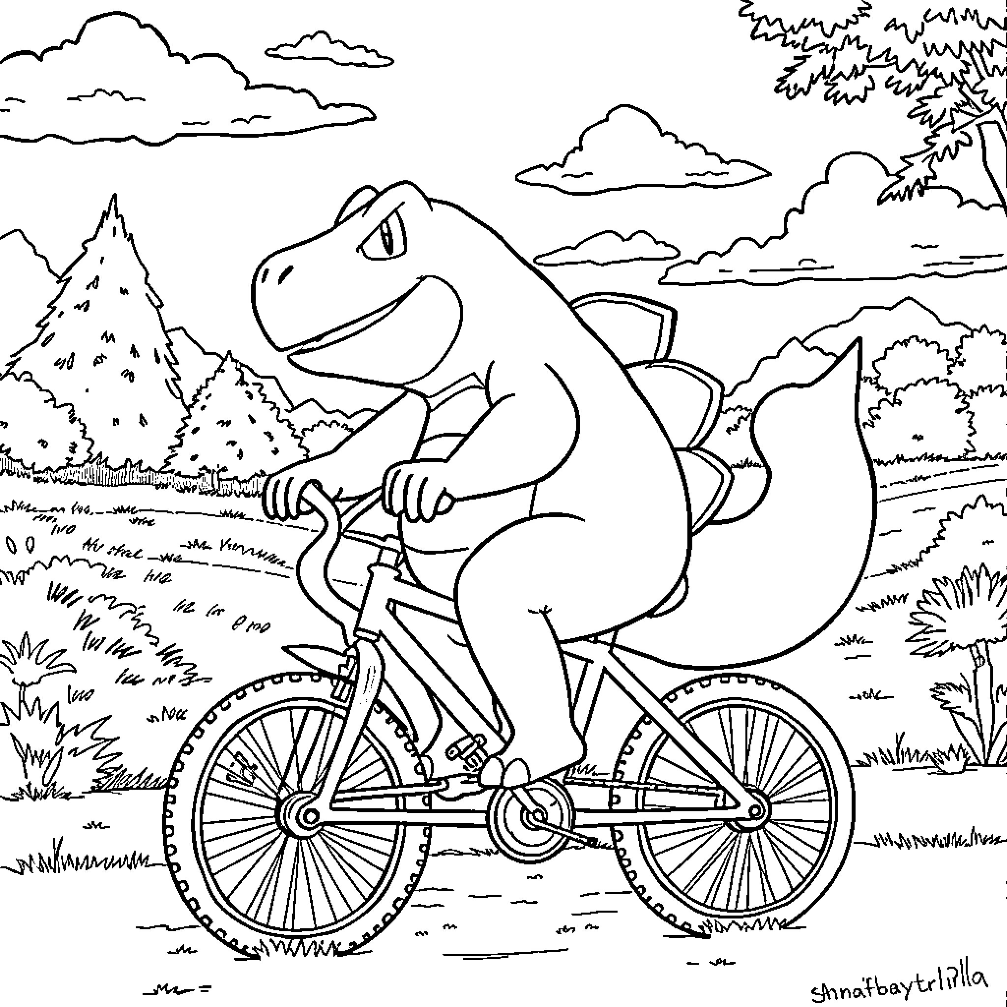 Rhyperior riding a bicycle in a natural setting Coloring Page (free black-and-white line drawing printable PDF for all, from beginners to advanced learners, including children, teens, adults, and seniors)