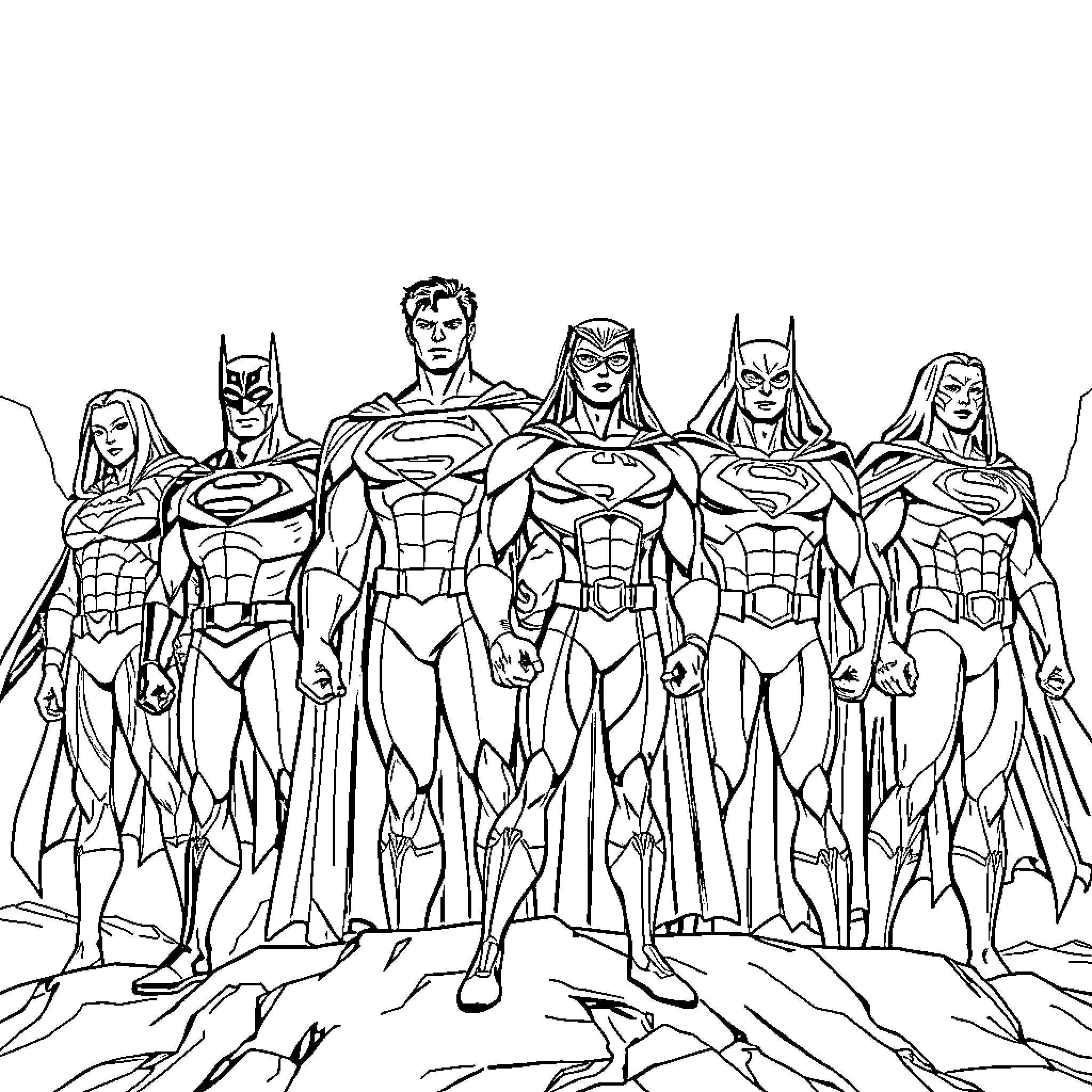 Justice League Heroes United in Action Coloring Page (free black-and-white line drawing printable PDF for all, from beginners to advanced learners, including children, teens, adults, and seniors)