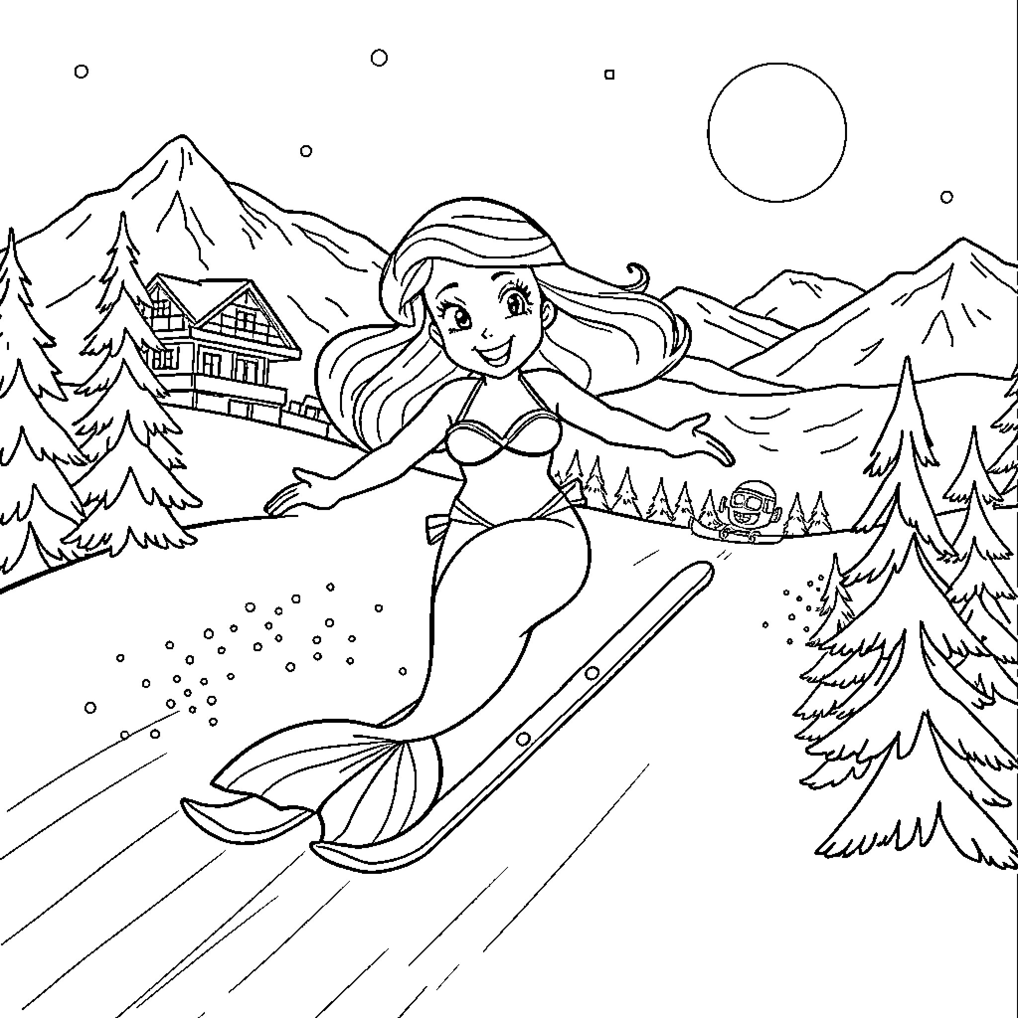 Mermaid skiing through a winter wonderland Coloring Page (free black-and-white line drawing printable PDF for all, from beginners to advanced learners, including children, teens, adults, and seniors)