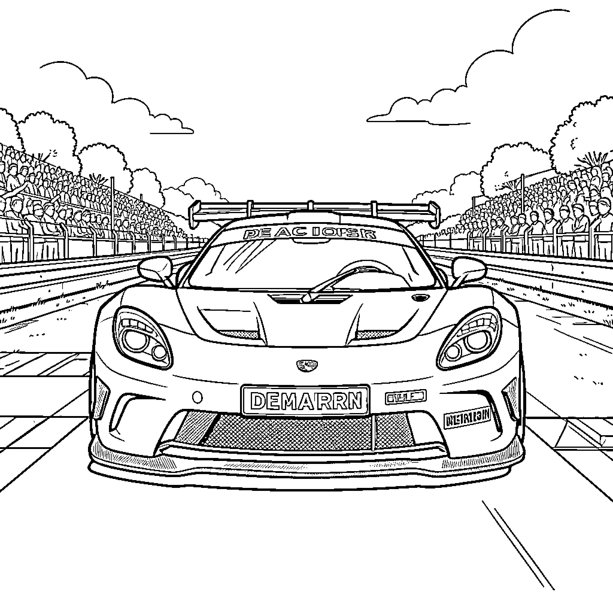 Race Car Racing on Sports Track Coloring Page (free black-and-white line drawing printable PDF for all, from beginners to advanced learners, including children, teens, adults, and seniors)