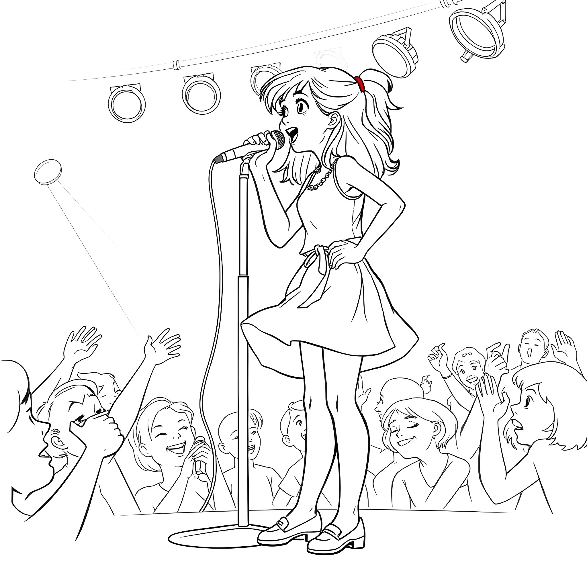 Teen Girl Performing on Stage with Crowd Coloring Page (free black-and-white line drawing printable PDF for all, from beginners to advanced learners, including children, teens, adults, and seniors)