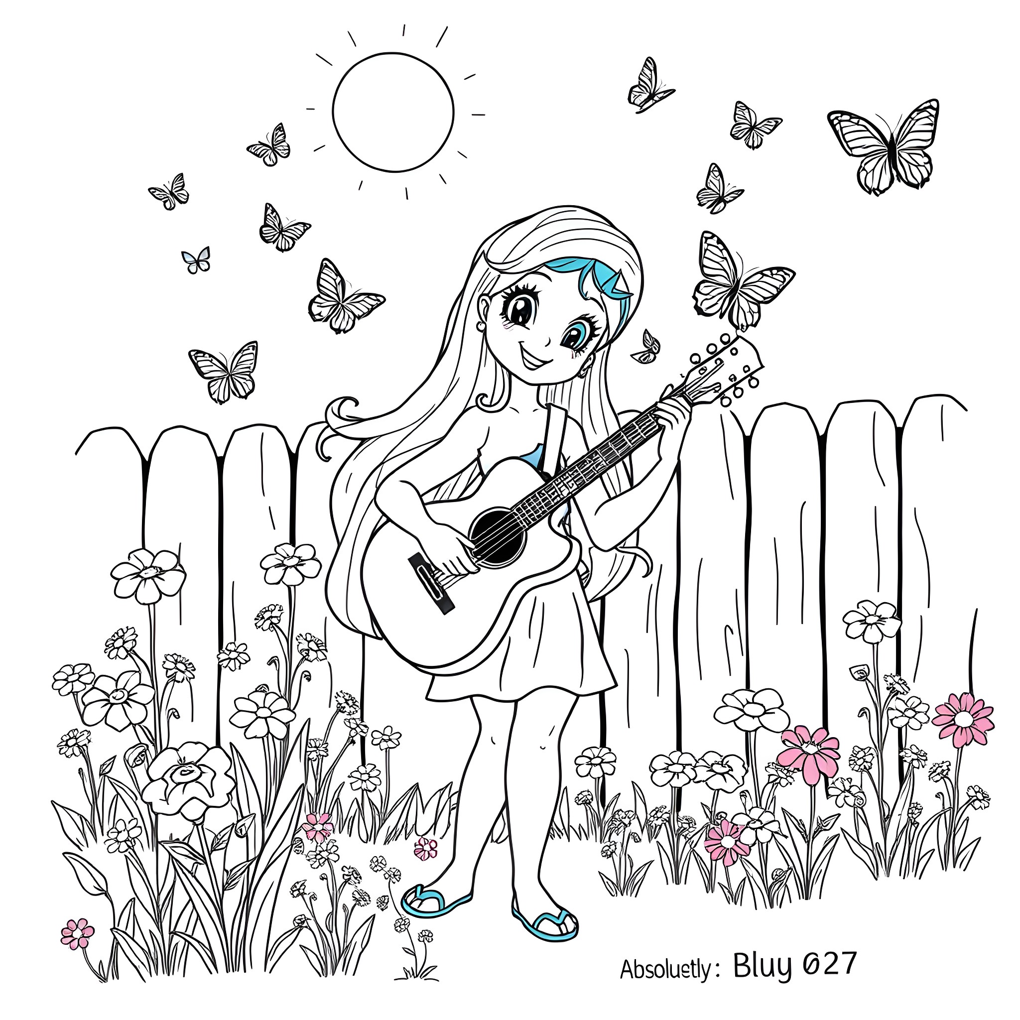 Bluey playing guitar in a flowery garden Coloring Page (free black-and-white line drawing printable PDF for all, from beginners to advanced learners, including children, teens, adults, and seniors)