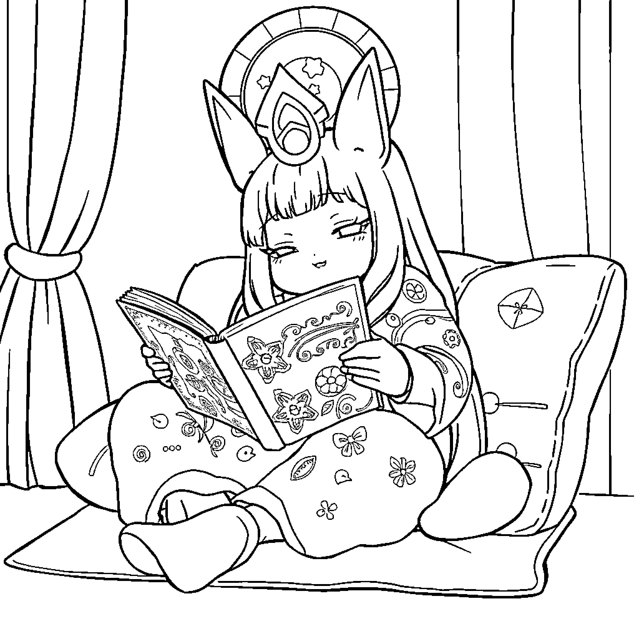 Goldship reading magical book in ornate chamber Coloring Page (free black-and-white line drawing printable PDF for all, from beginners to advanced learners, including children, teens, adults, and seniors)