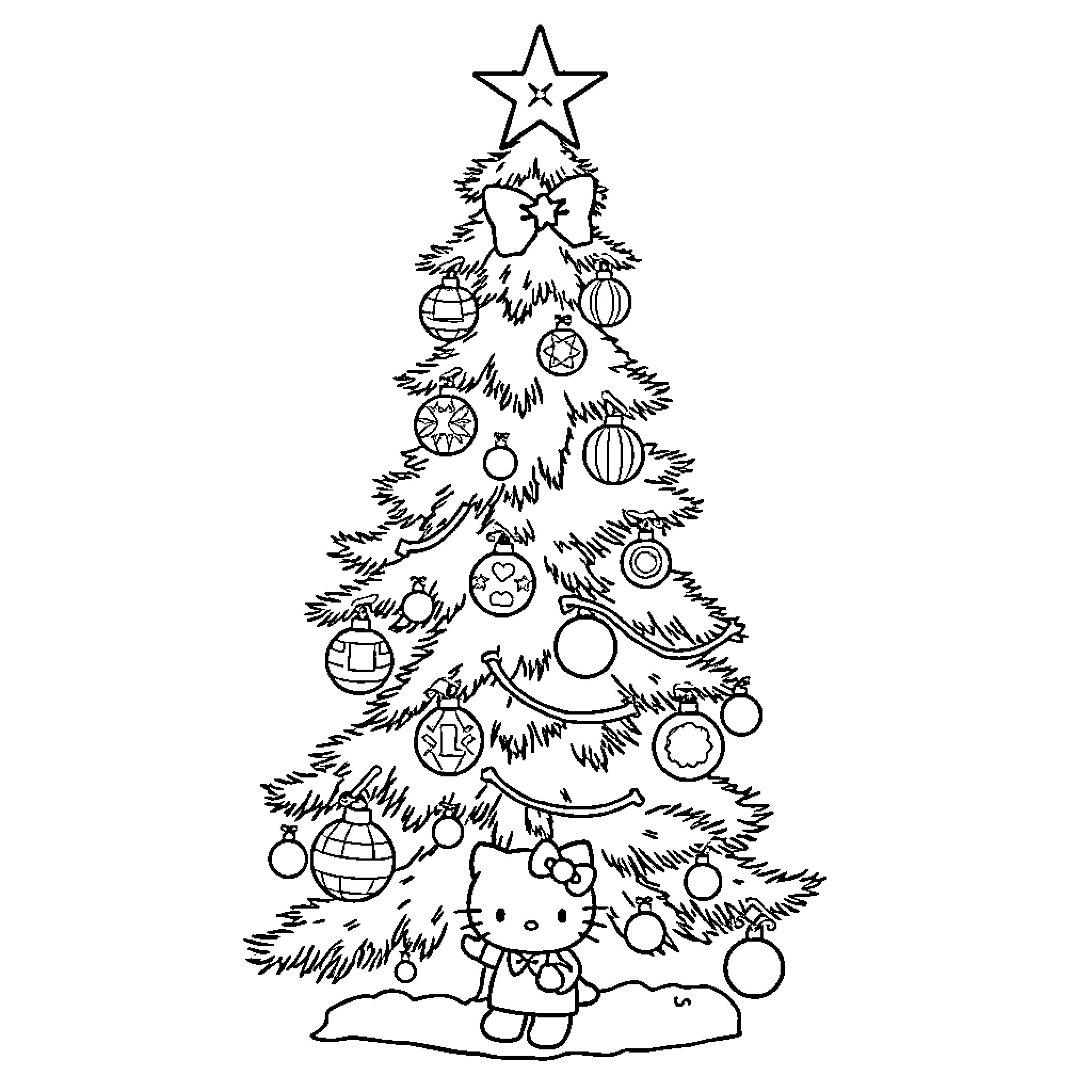 Christmas Tree decorated with ornaments and characters Coloring Page (free black-and-white line drawing printable PDF for all, from beginners to advanced learners, including children, teens, adults, and seniors)