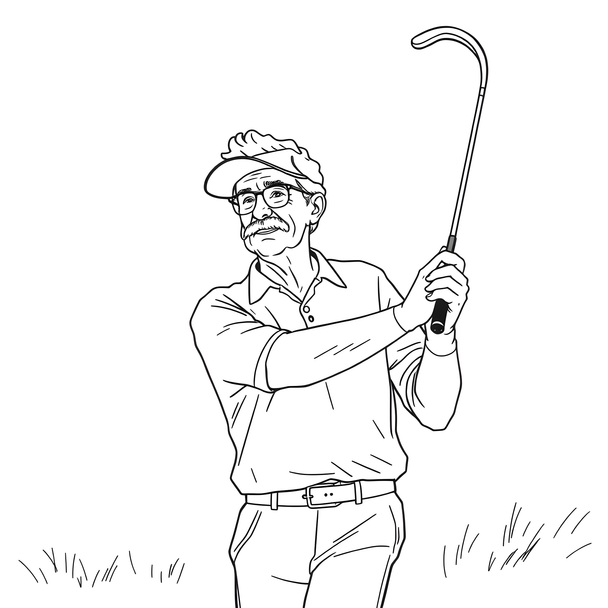 Golfer taking a swing on the course Coloring Page (free black-and-white line drawing printable PDF for all, from beginners to advanced learners, including children, teens, adults, and seniors)