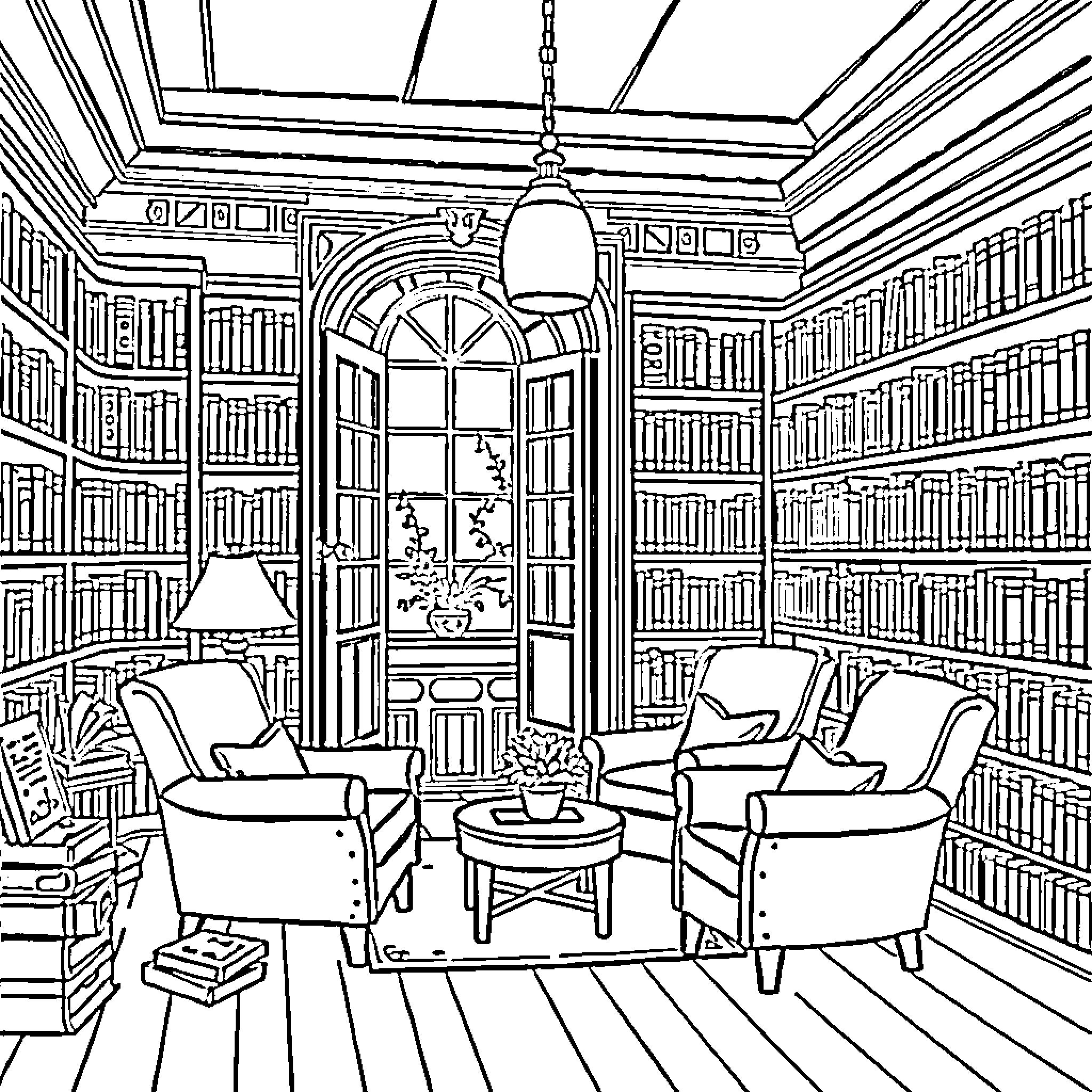 Library with cozy seating area and shelves Coloring Page (free black-and-white line drawing printable PDF for all, from beginners to advanced learners, including children, teens, adults, and seniors)