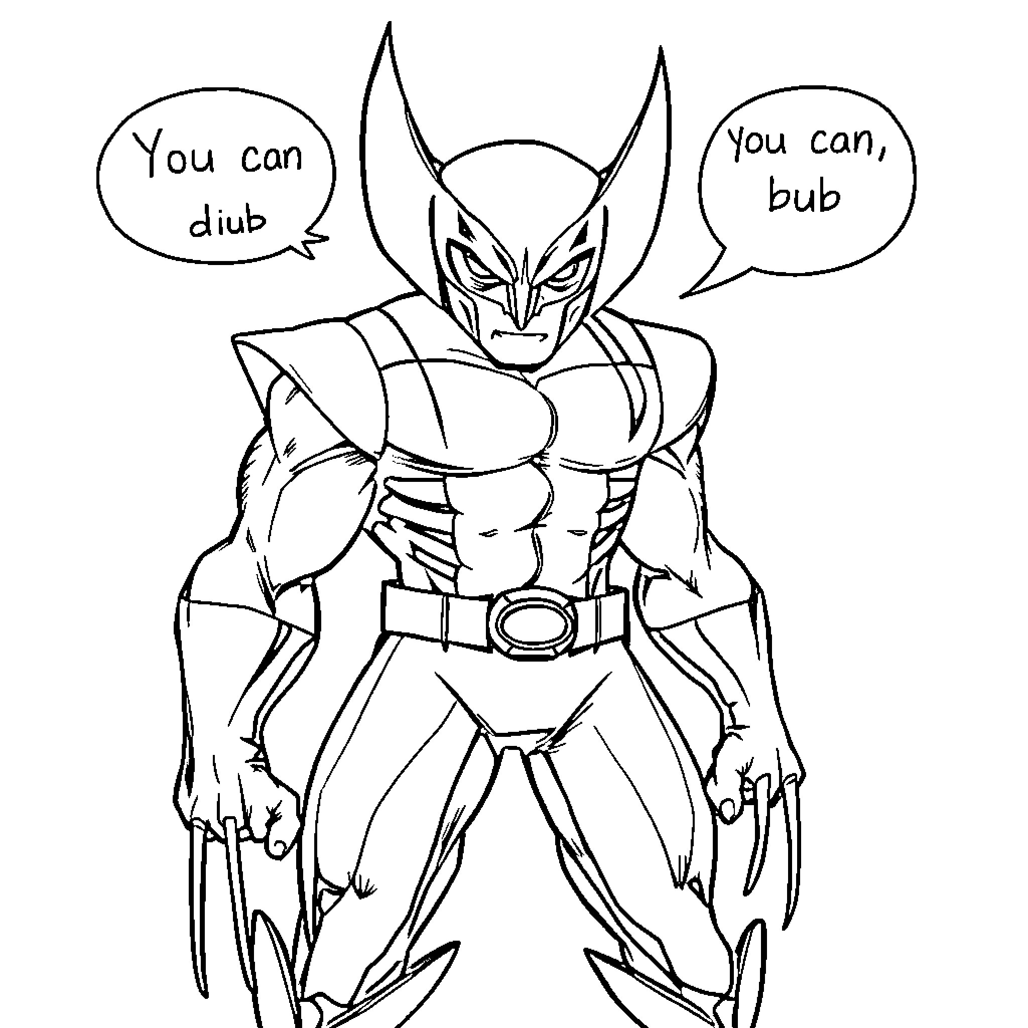 Wolverine Taunting with Humorous Speech Bubbles Coloring Page (free black-and-white line drawing printable PDF for all, from beginners to advanced learners, including children, teens, adults, and seniors)