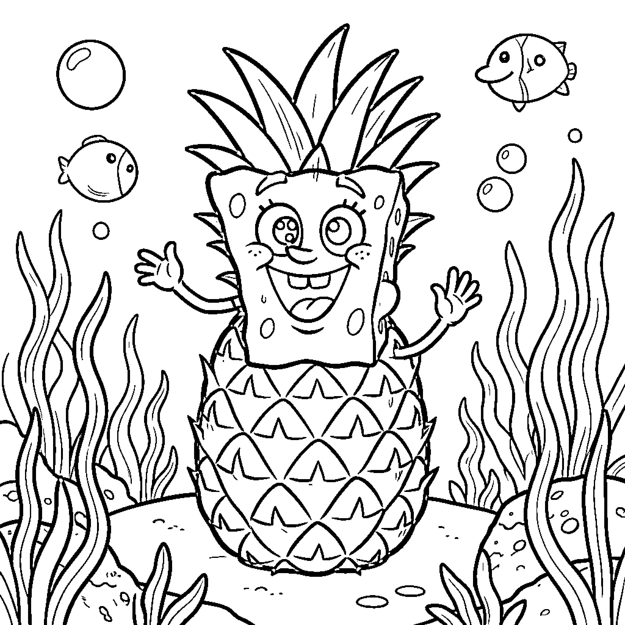 Spongebob smiling happily in his pineapple home underwater Coloring Page (free black-and-white line drawing printable PDF for all, from beginners to advanced learners, including children, teens, adults, and seniors)