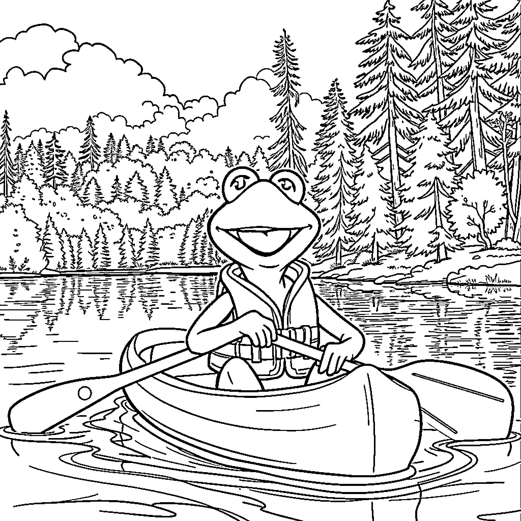 Kermit enjoying a peaceful boat ride in the forest Coloring Page (free black-and-white line drawing printable PDF for all, from beginners to advanced learners, including children, teens, adults, and seniors)