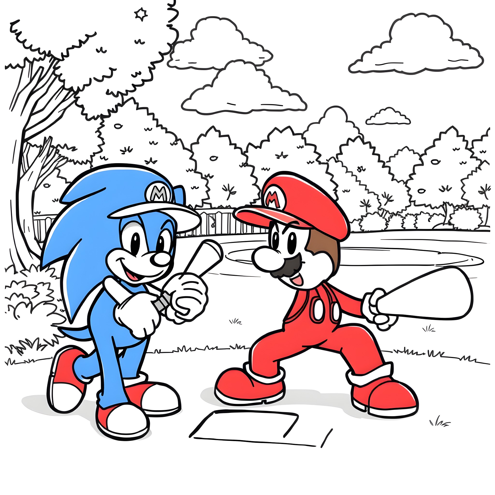 Mario and Luigi playing together in the forest Coloring Page (free black-and-white line drawing printable PDF for all, from beginners to advanced learners, including children, teens, adults, and seniors)