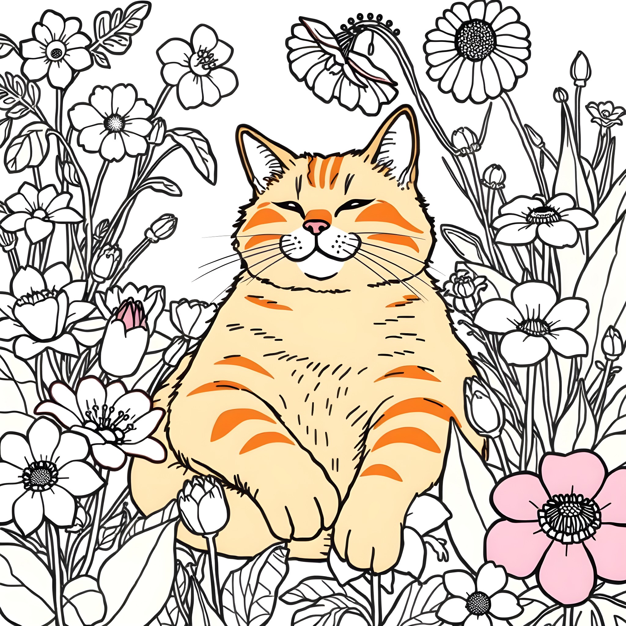 Cat among the flowers Coloring Page (free black-and-white line drawing printable PDF for all, from beginners to advanced learners, including children, teens, adults, and seniors)