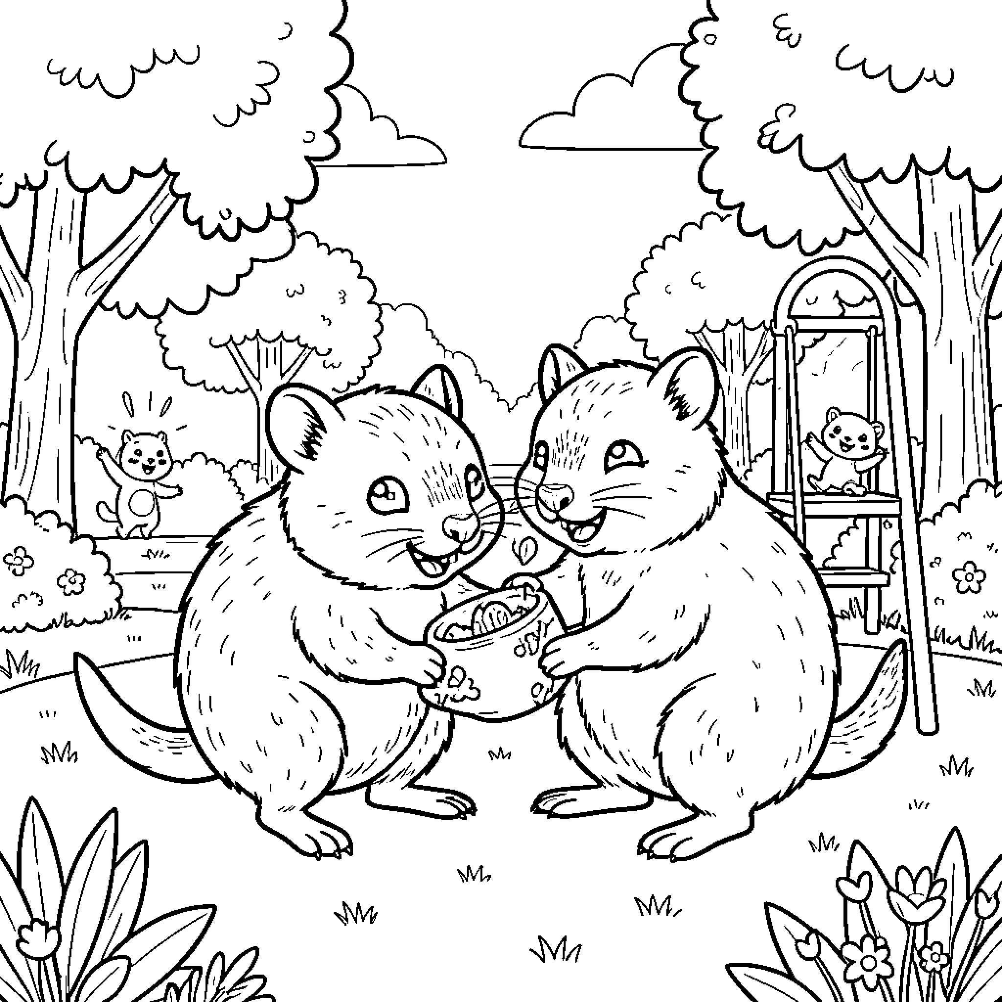Quokka family playing in the forest Coloring Page (free black-and-white line drawing printable PDF for all, from beginners to advanced learners, including children, teens, adults, and seniors)