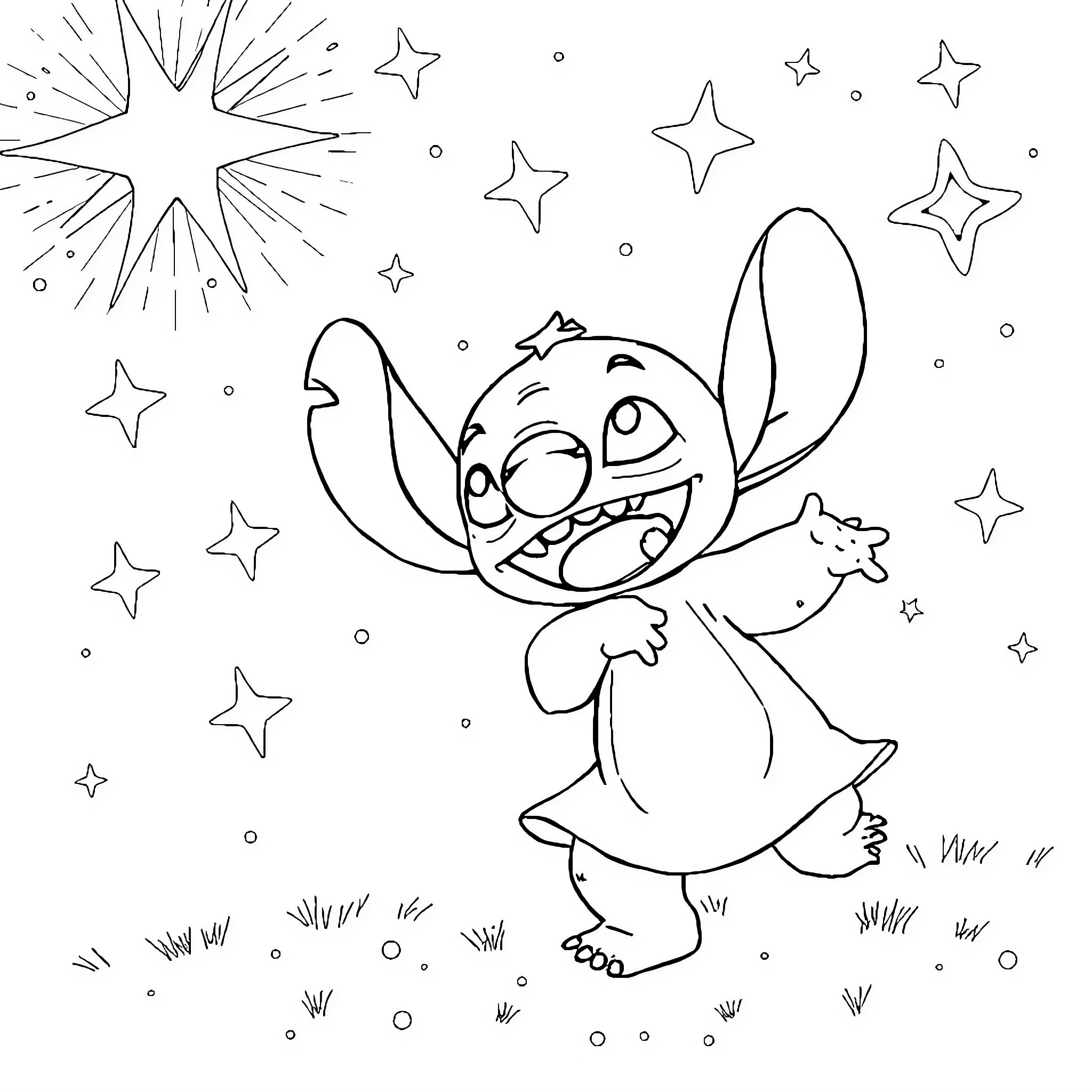 Stitch dancing joyfully amidst the stars Coloring Page (free black-and-white line drawing printable PDF for all, from beginners to advanced learners, including children, teens, adults, and seniors)