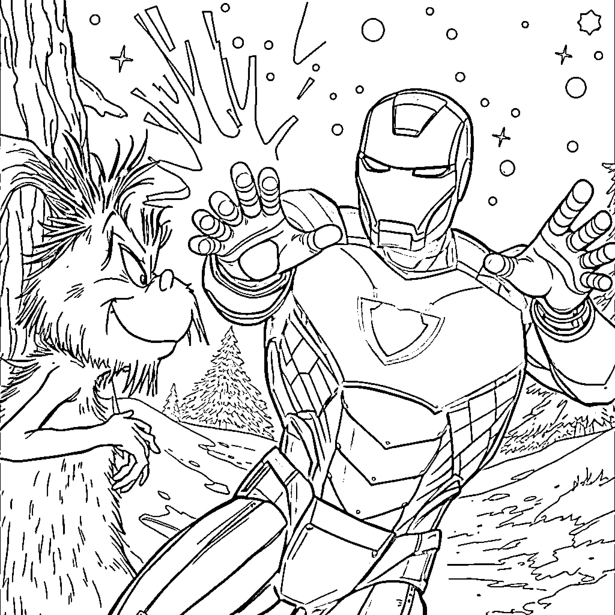Iron Man in Heroic Pose Amid Cosmic Backdrop Coloring Page (free black-and-white line drawing printable PDF for all, from beginners to advanced learners, including children, teens, adults, and seniors)