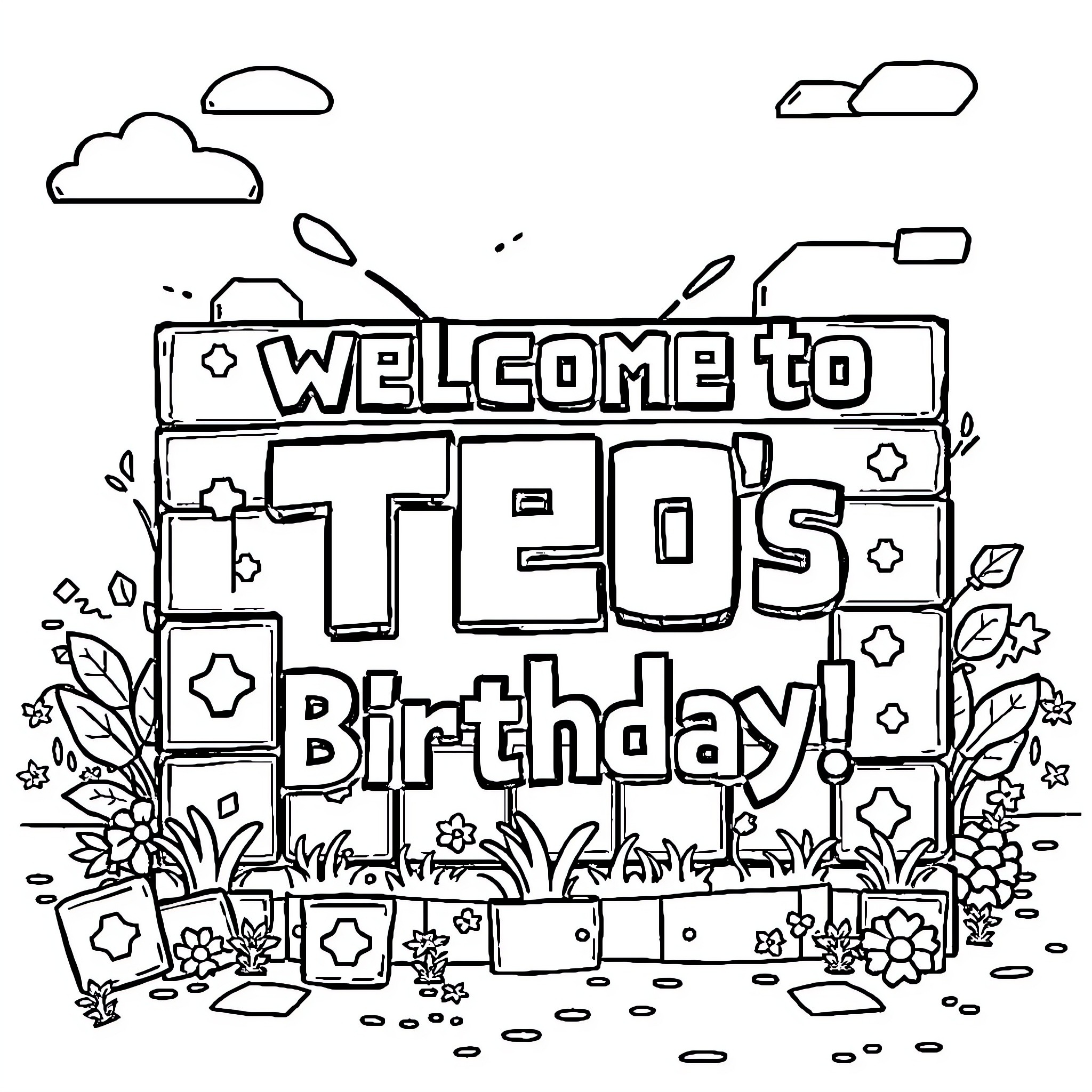 Minecraft Sign Welcomes T-Rex's Birthday Coloring Page (free black-and-white line drawing printable PDF for all, from beginners to advanced learners, including children, teens, adults, and seniors)