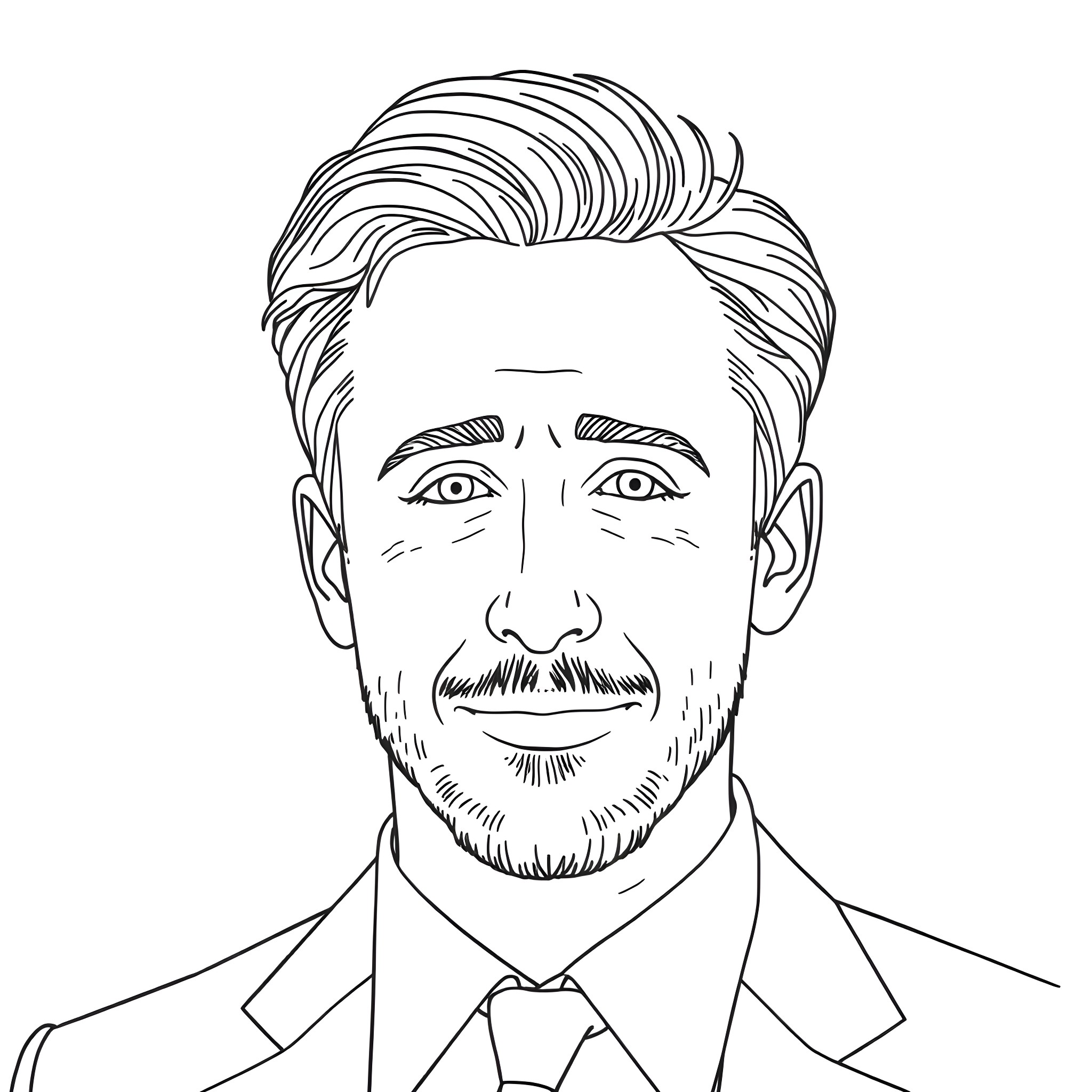 Ryan Gosling in a Serious Businessman Pose Coloring Page (free black-and-white line drawing printable PDF for all, from beginners to advanced learners, including children, teens, adults, and seniors)