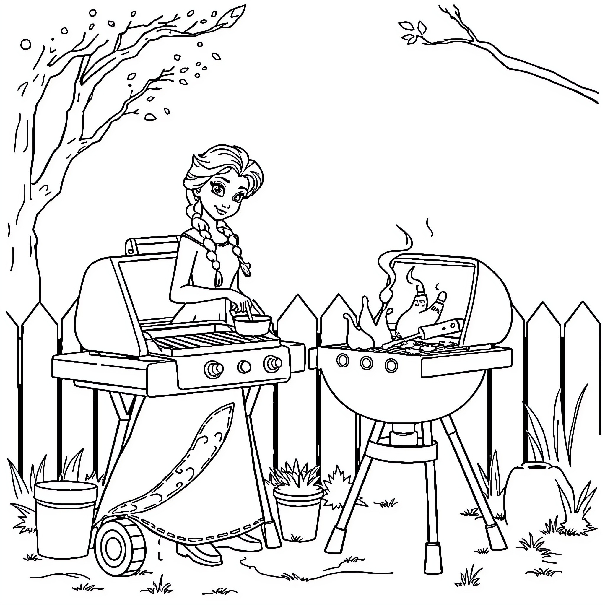 Elsa grilling burgers in the park Coloring Page (free black-and-white line drawing printable PDF for all, from beginners to advanced learners, including children, teens, adults, and seniors)