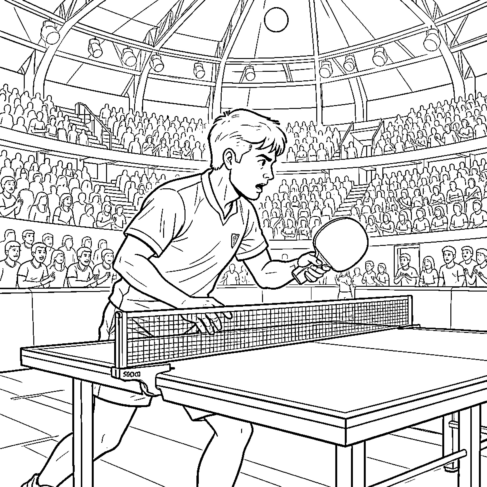 Table Tennis Player competing intensely in a crowded arena Coloring Page (free black-and-white line drawing printable PDF for all, from beginners to advanced learners, including children, teens, adults, and seniors)