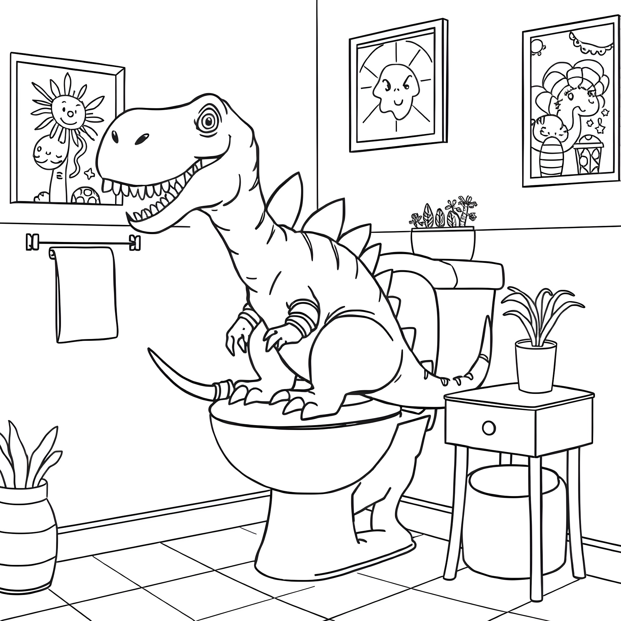 Dinosaur in a humorous bathroom scene Coloring Page (free black-and-white line drawing printable PDF for all, from beginners to advanced learners, including children, teens, adults, and seniors)
