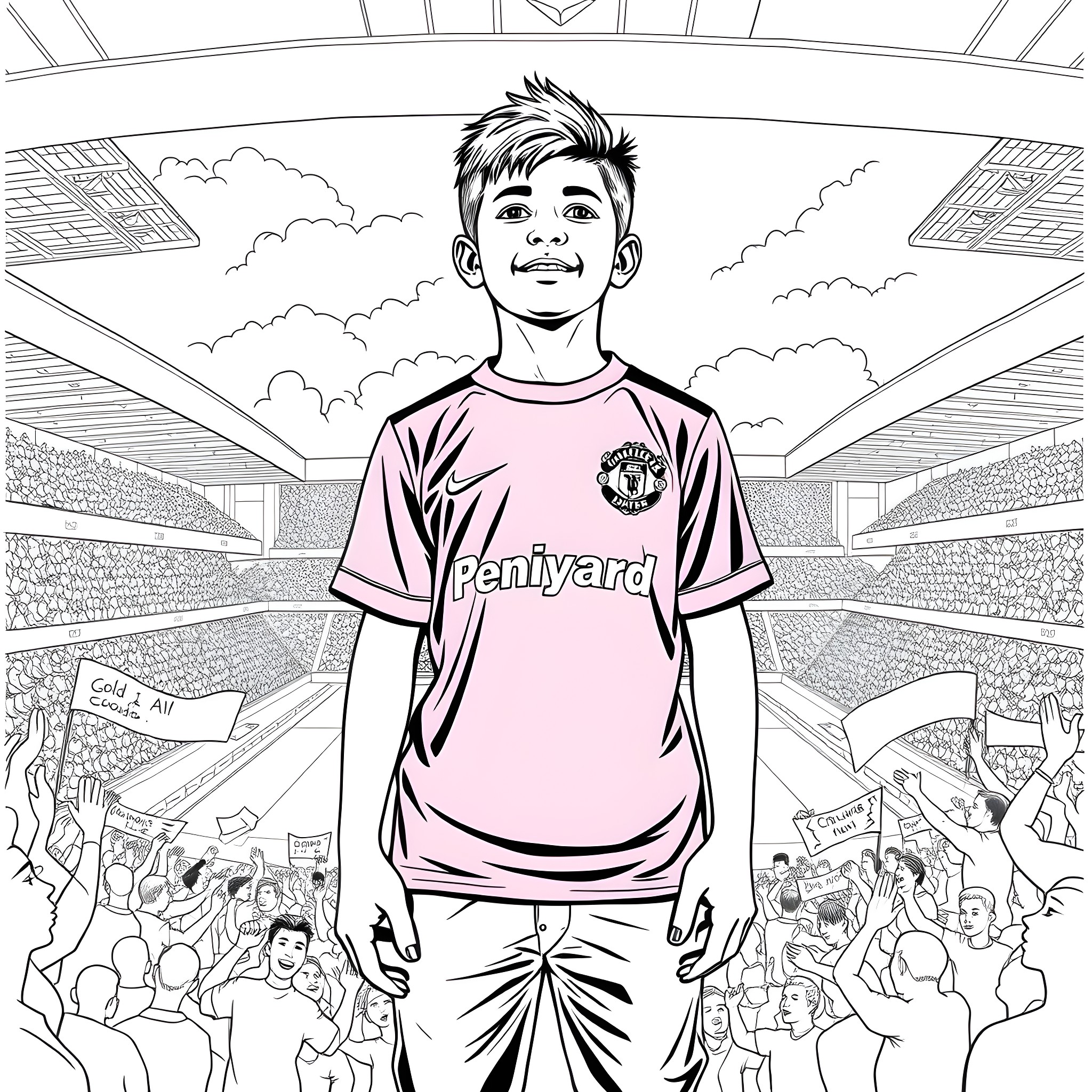Cunha's Proud Moment: Young Fan Cheering at the Stadium Coloring Page (free black-and-white line drawing printable PDF for all, from beginners to advanced learners, including children, teens, adults, and seniors)