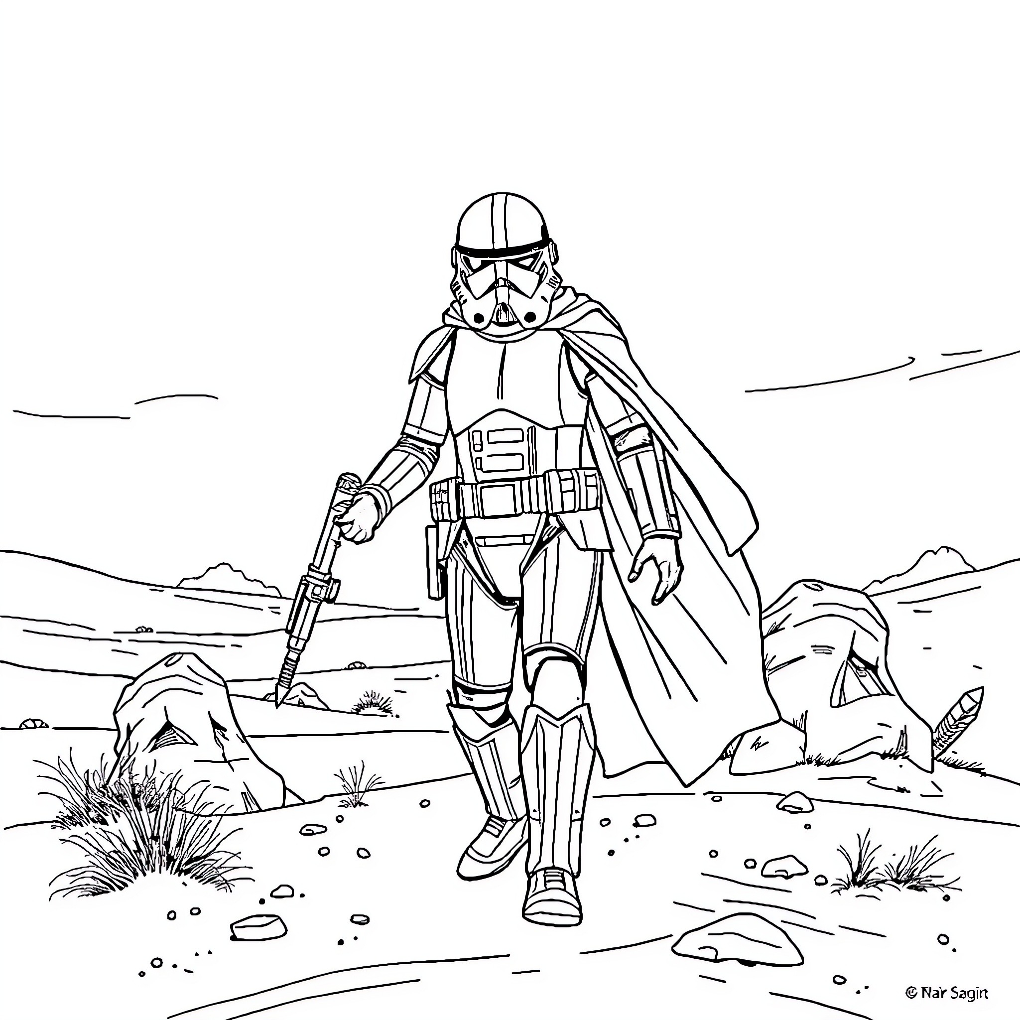Soldier on patrol in desert landscape Coloring Page (free black-and-white line drawing printable PDF for all, from beginners to advanced learners, including children, teens, adults, and seniors)