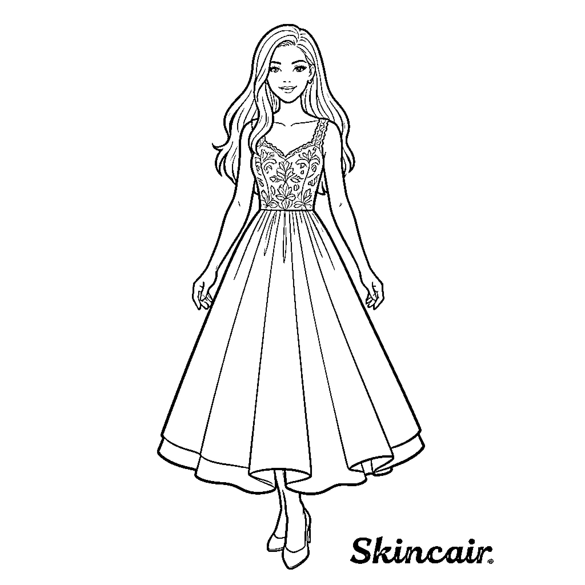 Skincare themed illustration of a woman in a formal dress Coloring Page (free black-and-white line drawing printable PDF for all, from beginners to advanced learners, including children, teens, adults, and seniors)