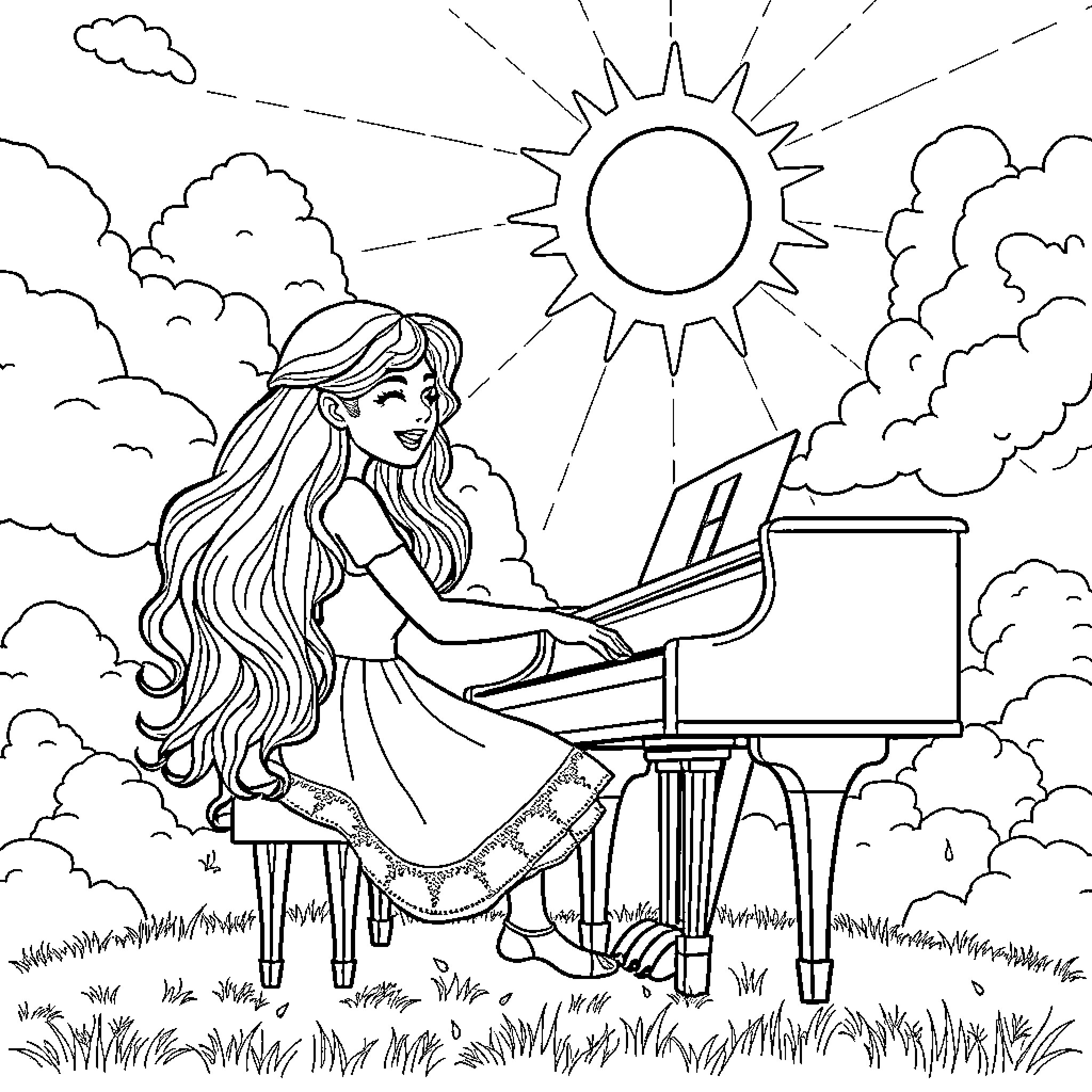 Ariel playing piano in the sunshine Coloring Page (free black-and-white line drawing printable PDF for all, from beginners to advanced learners, including children, teens, adults, and seniors)