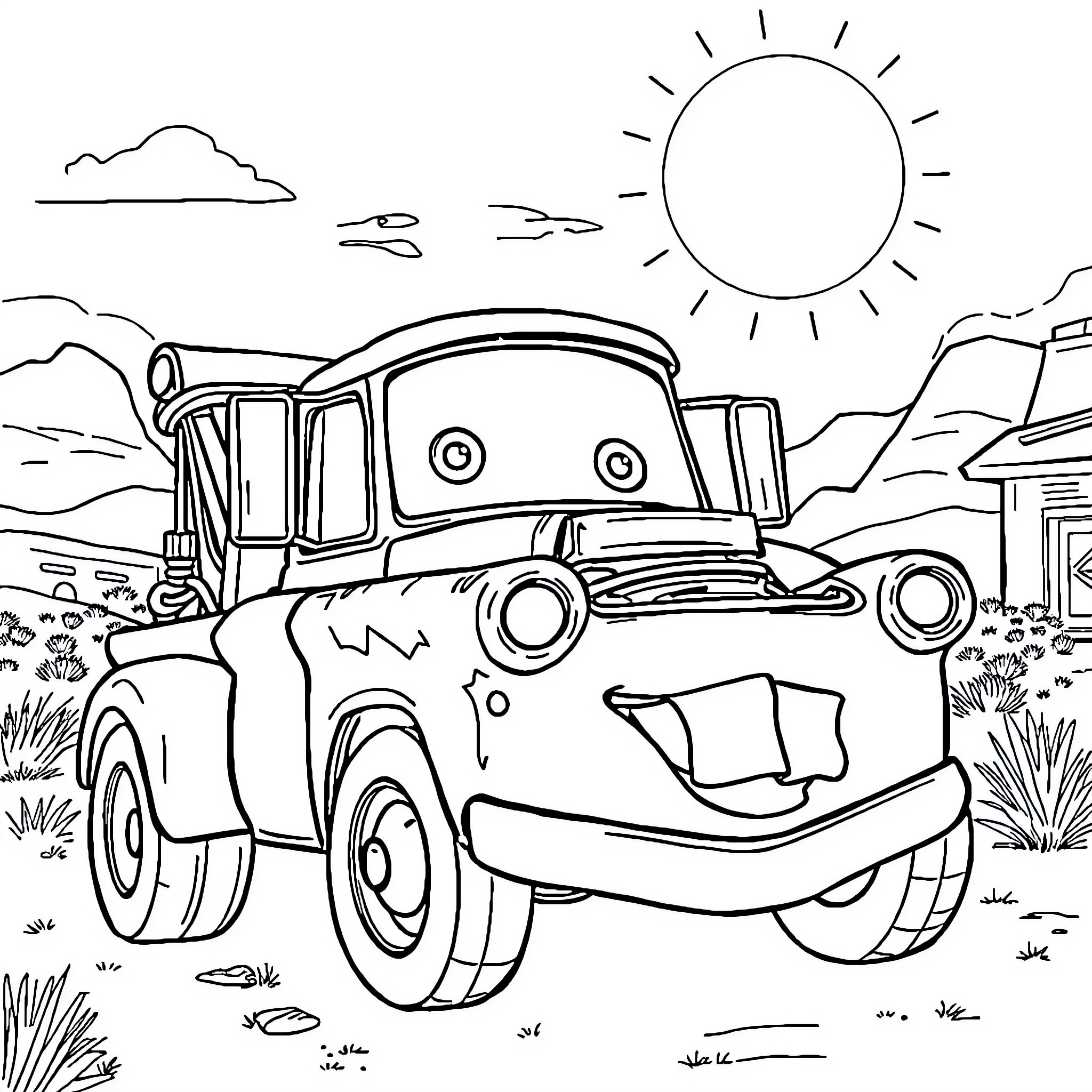 Tow Mater Enjoying the Sunny Outdoors Coloring Page (free black-and-white line drawing printable PDF for all, from beginners to advanced learners, including children, teens, adults, and seniors)