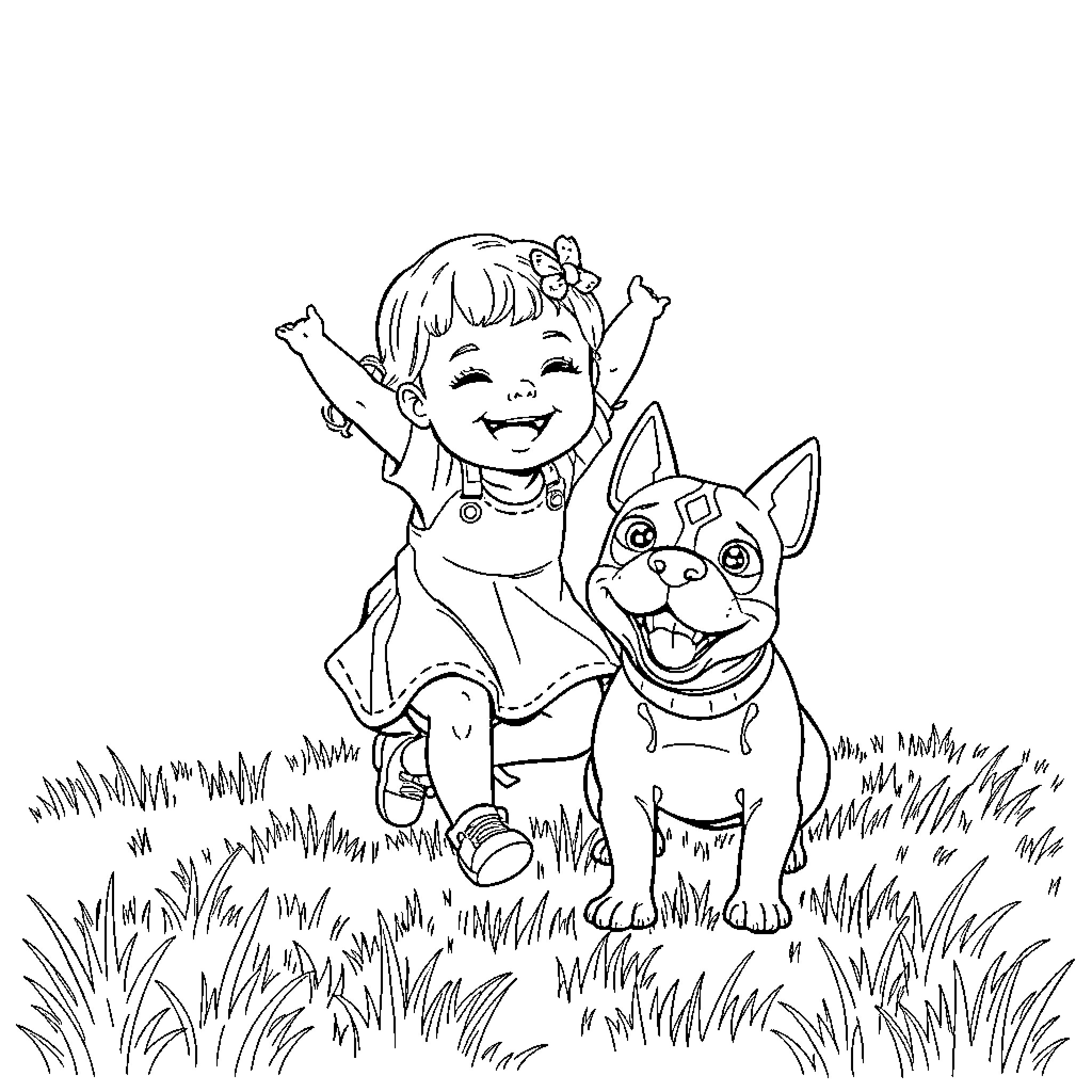 Baby playing happily with pet dog in the field Coloring Page (free black-and-white line drawing printable PDF for all, from beginners to advanced learners, including children, teens, adults, and seniors)