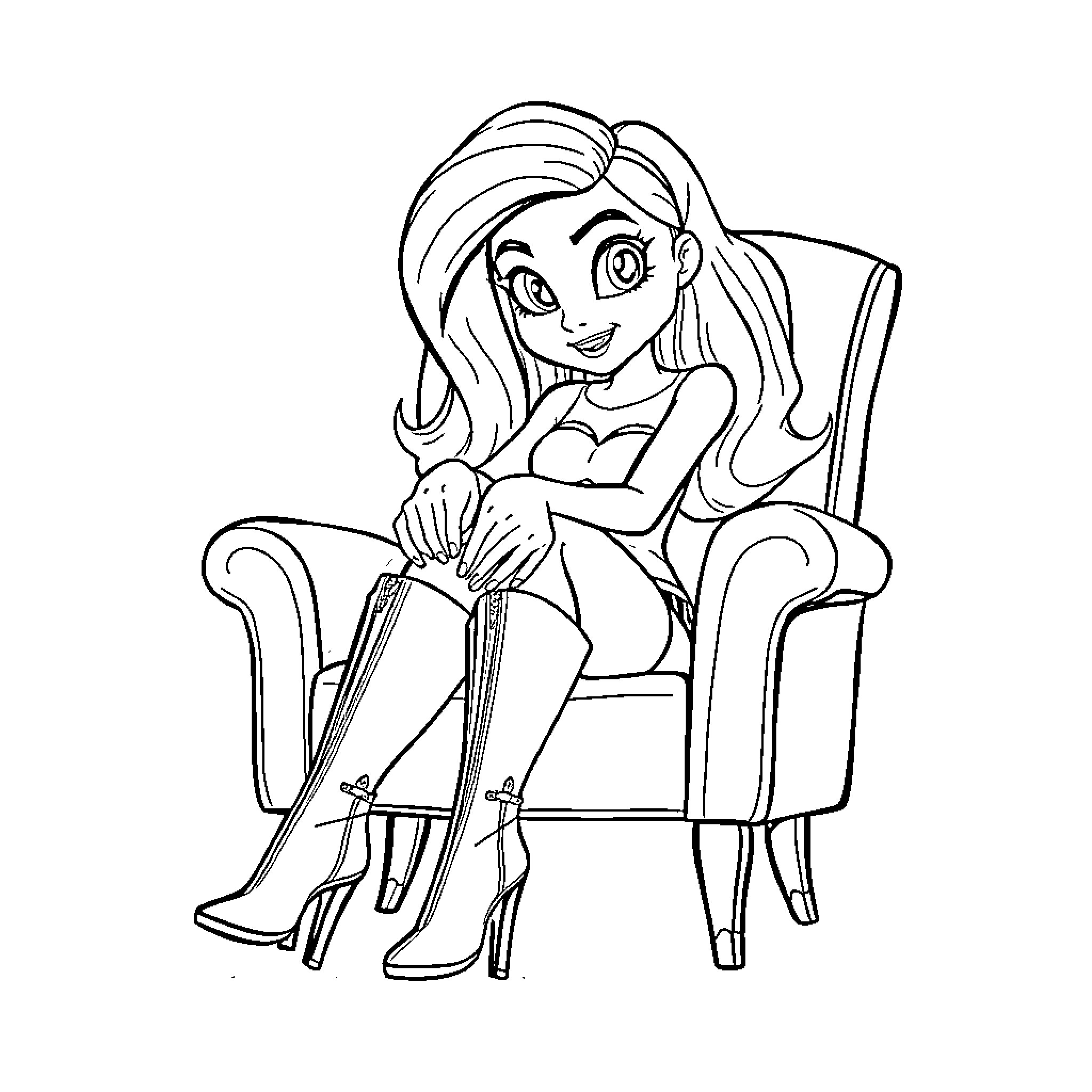 Shego lounging comfortably in an armchair Coloring Page (free black-and-white line drawing printable PDF for all, from beginners to advanced learners, including children, teens, adults, and seniors)