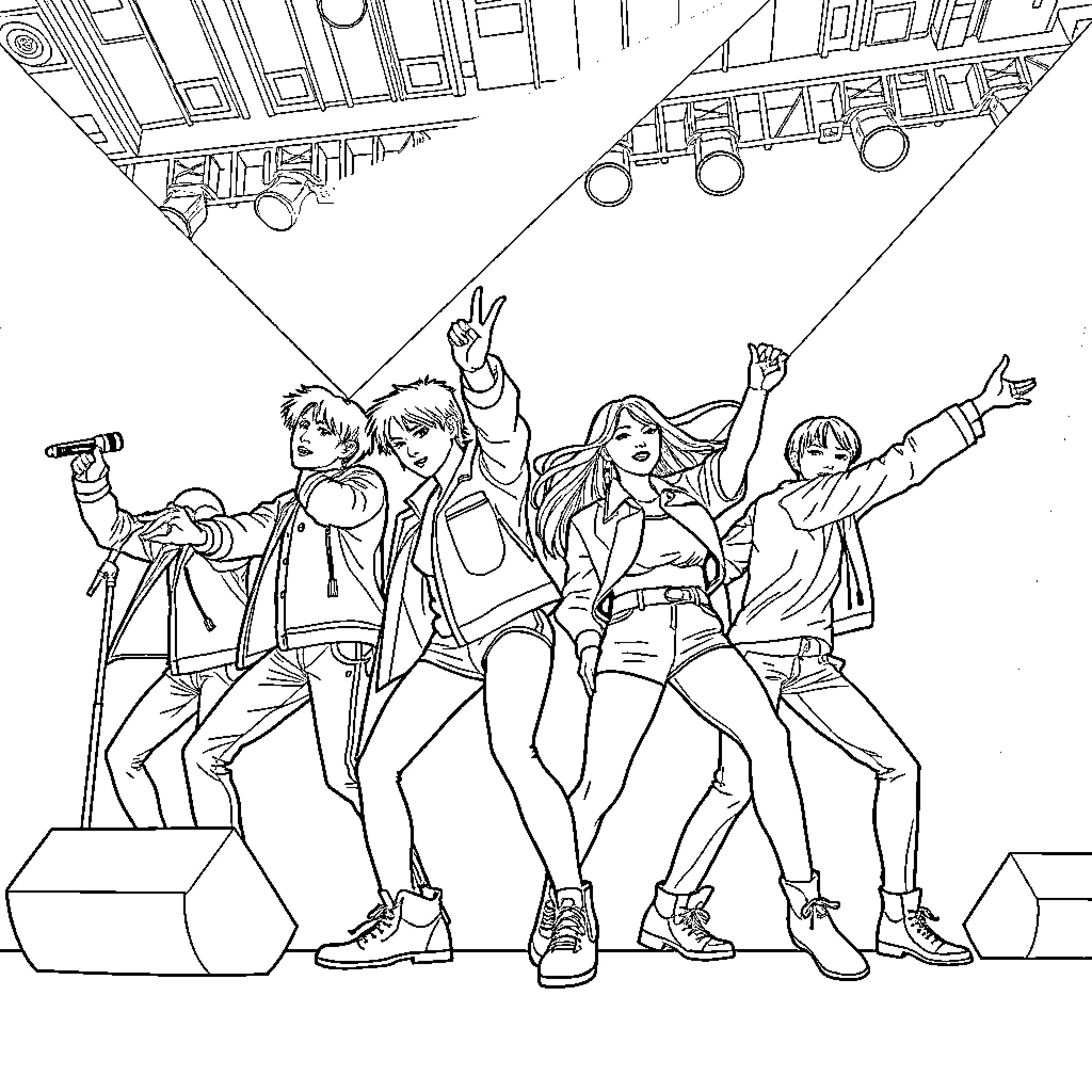 Huntrix Performers Energetically Entertaining on Stage Coloring Page (free black-and-white line drawing printable PDF for all, from beginners to advanced learners, including children, teens, adults, and seniors)