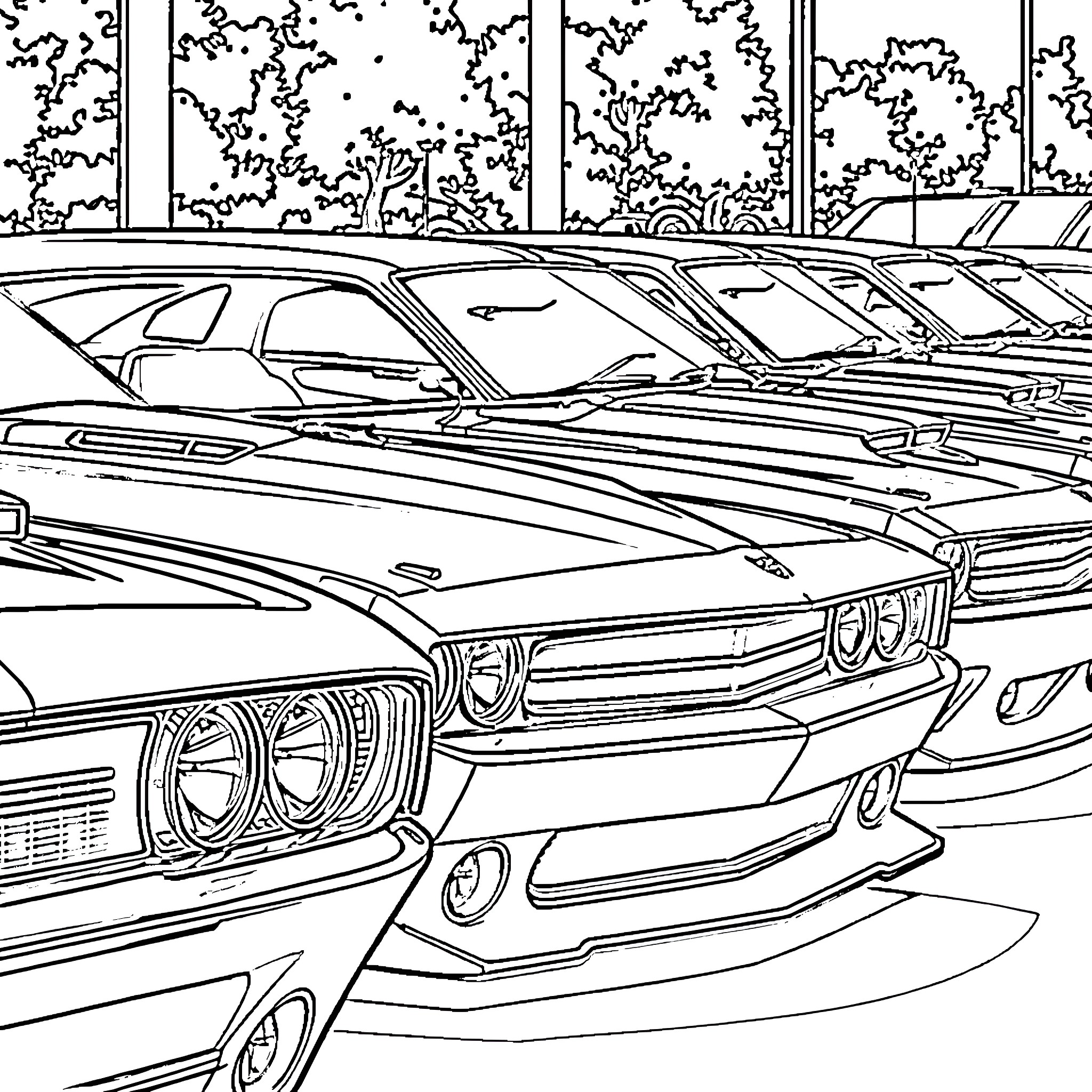 Muscle Cars Parked in Rows Coloring Page (free black-and-white line drawing printable PDF for all, from beginners to advanced learners, including children, teens, adults, and seniors)