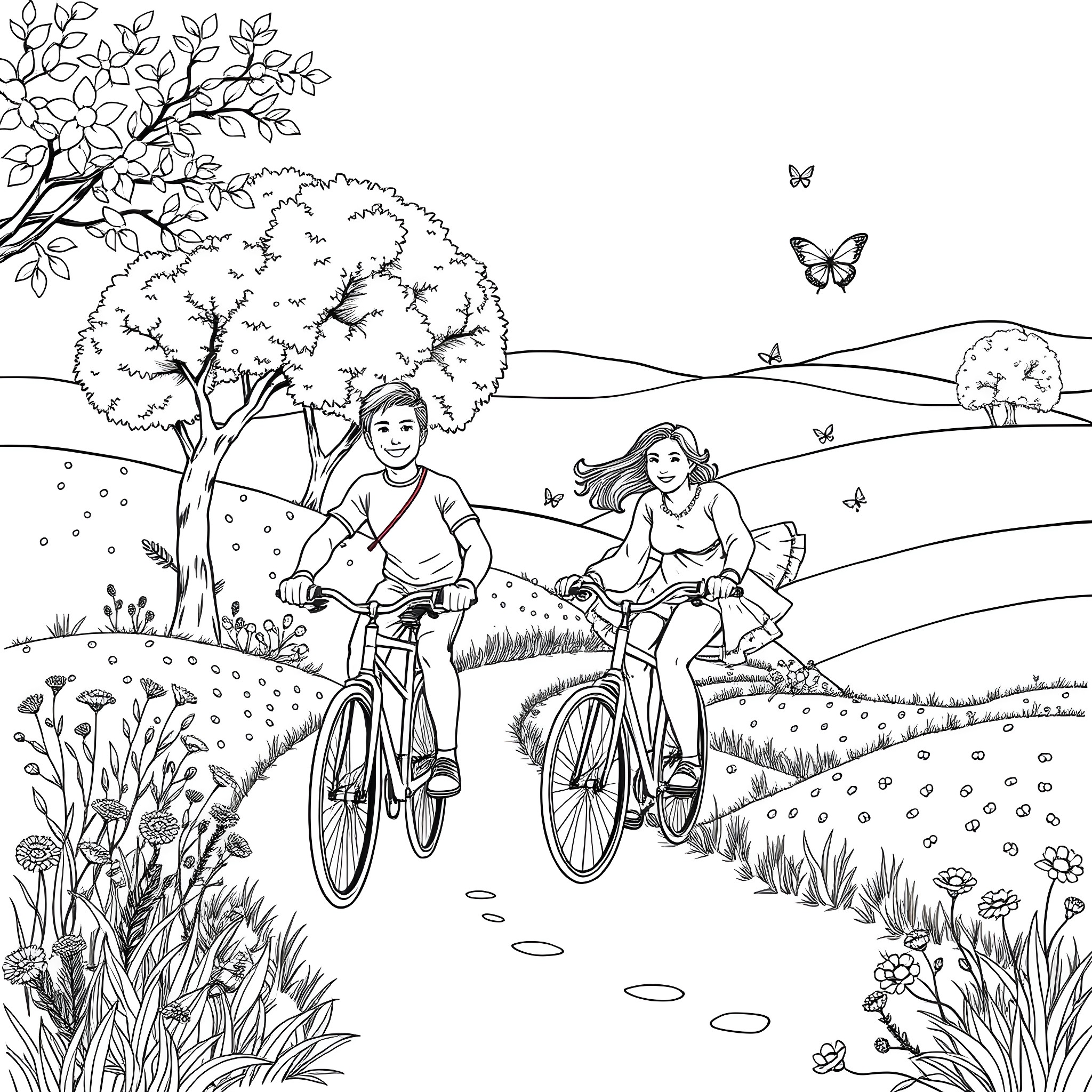 Bicycle ride through scenic countryside Coloring Page (free black-and-white line drawing printable PDF for all, from beginners to advanced learners, including children, teens, adults, and seniors)