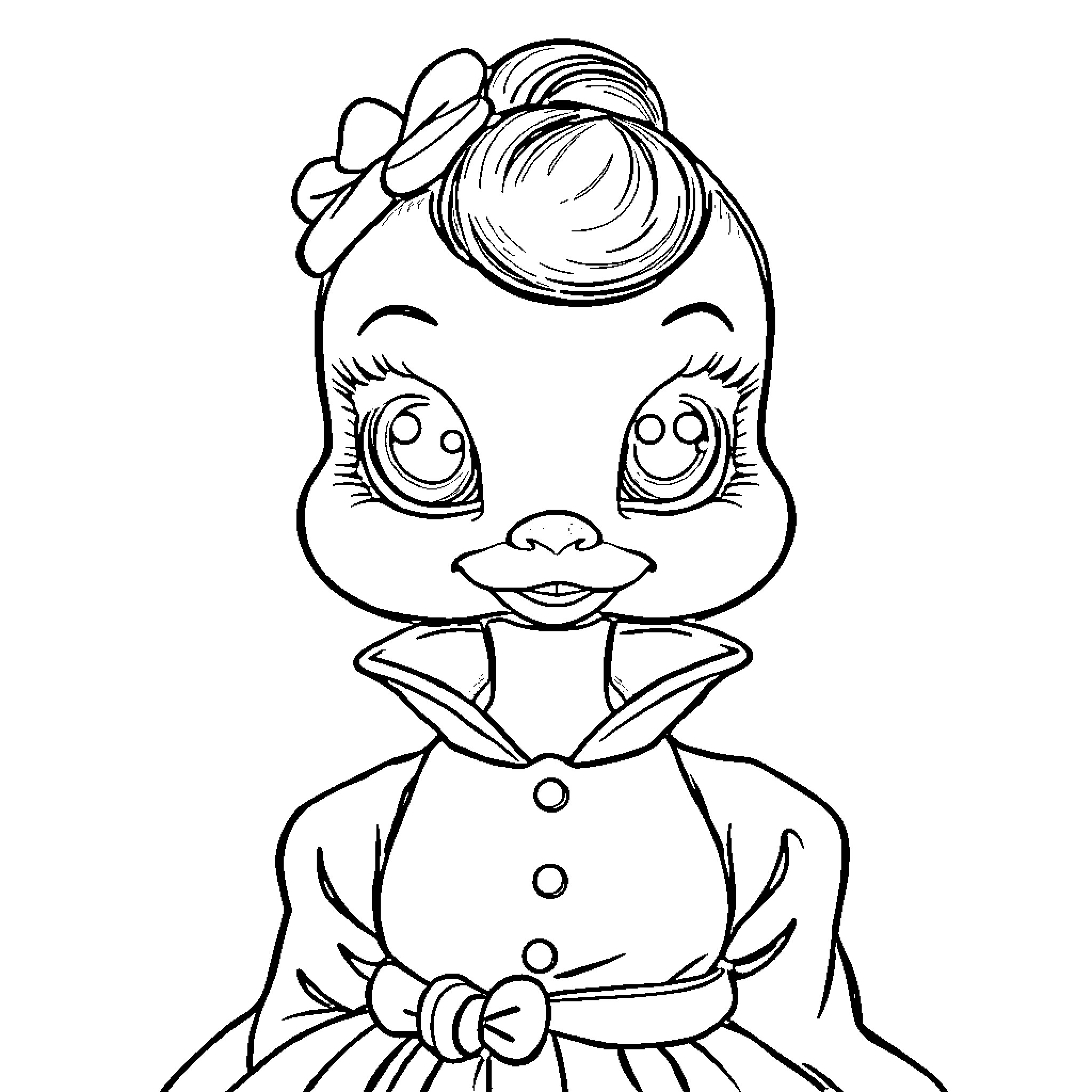 Doll with big eyes and cute outfit Coloring Page (free black-and-white line drawing printable PDF for all, from beginners to advanced learners, including children, teens, adults, and seniors)