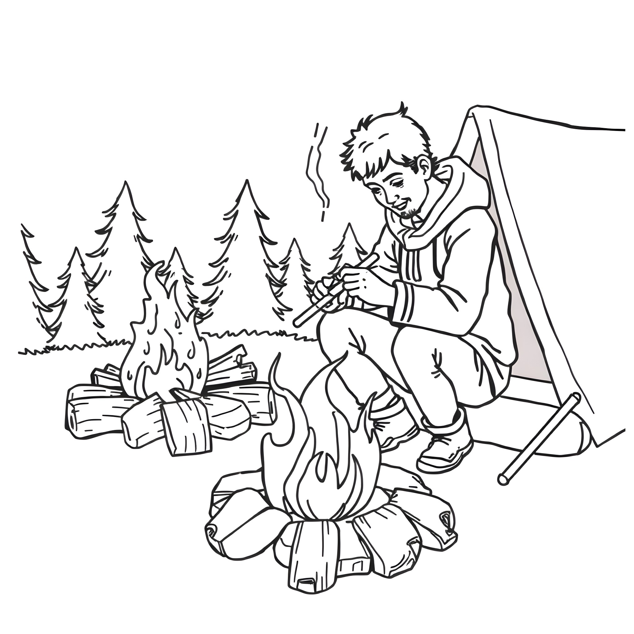 Woodworking enthusiast enjoys outdoor camping near the fire Coloring Page (free black-and-white line drawing printable PDF for all, from beginners to advanced learners, including children, teens, adults, and seniors)