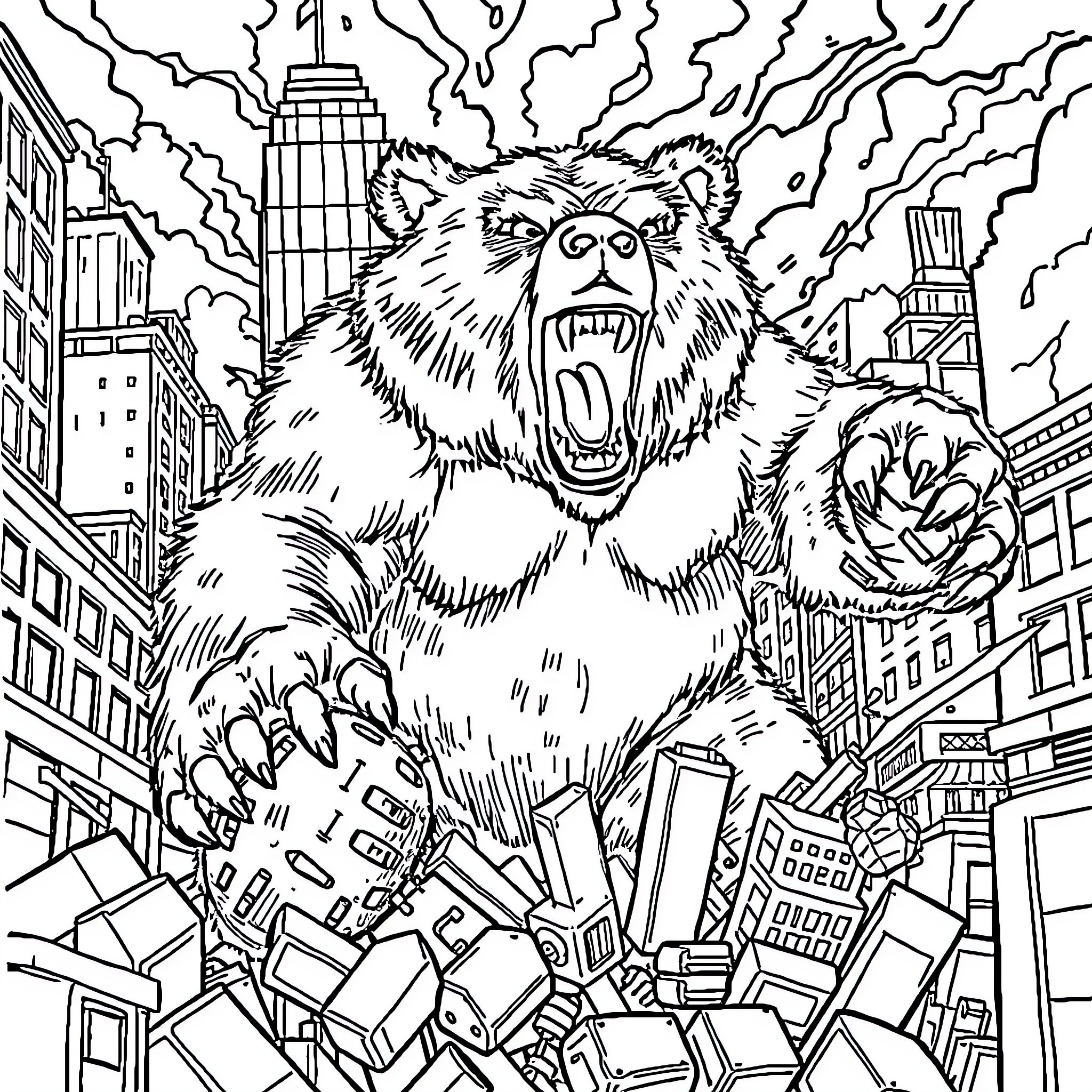Bear attacking a cityscape with fury Coloring Page (free black-and-white line drawing printable PDF for all, from beginners to advanced learners, including children, teens, adults, and seniors)