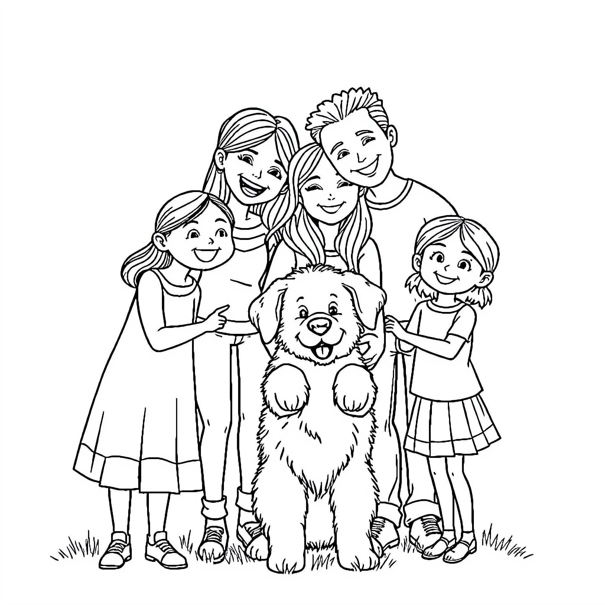 Family Enjoying Time Together with Beloved Pet Coloring Page (free black-and-white line drawing printable PDF for all, from beginners to advanced learners, including children, teens, adults, and seniors)