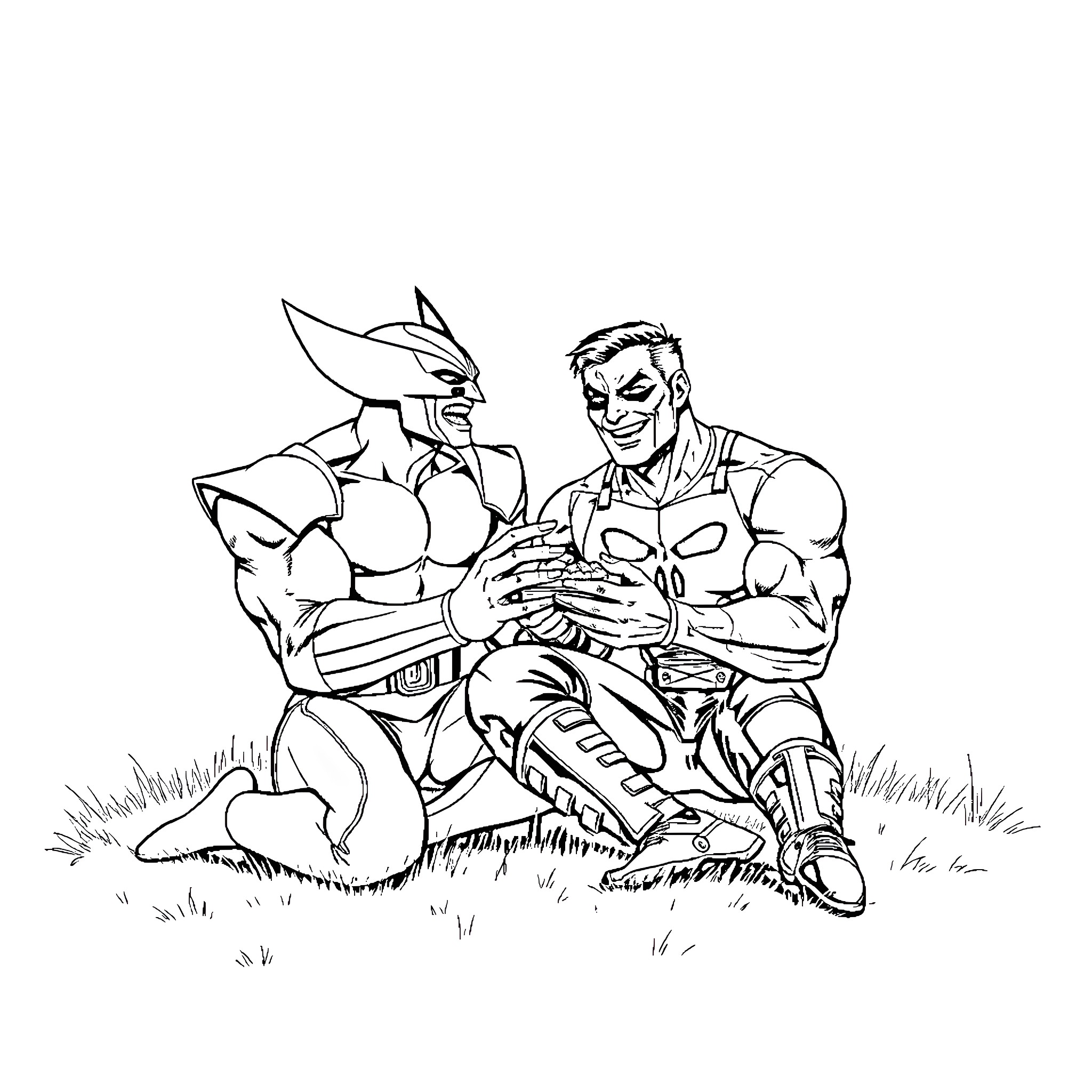Wolverine and a Superhero Conversing in the Grass Coloring Page (free black-and-white line drawing printable PDF for all, from beginners to advanced learners, including children, teens, adults, and seniors)