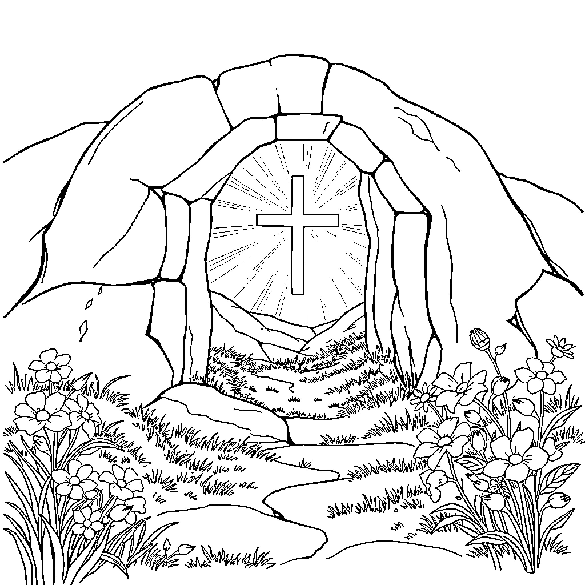 Tomb of the Cross in the Garden Coloring Page (free black-and-white line drawing printable PDF for all, from beginners to advanced learners, including children, teens, adults, and seniors)