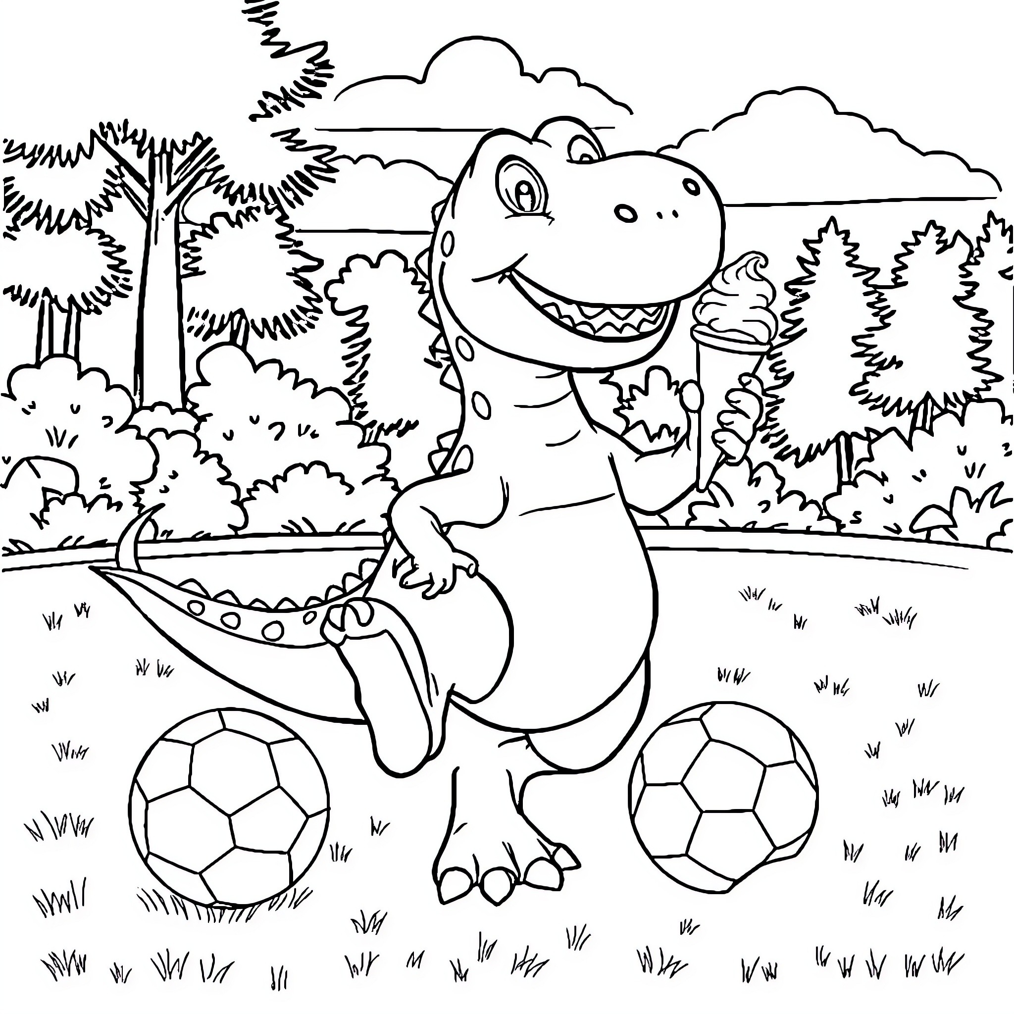 Dinosaur playing with soccer balls in nature Coloring Page (free black-and-white line drawing printable PDF for all, from beginners to advanced learners, including children, teens, adults, and seniors)