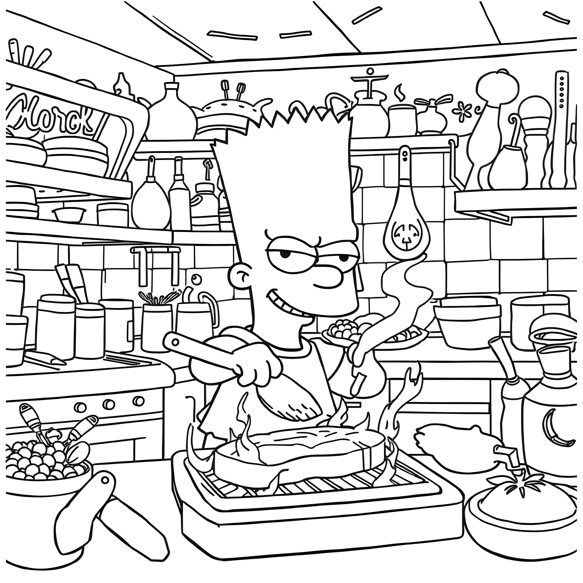 Bart Simpson cooking in a cluttered kitchen Coloring Page (free black-and-white line drawing printable PDF for all, from beginners to advanced learners, including children, teens, adults, and seniors)